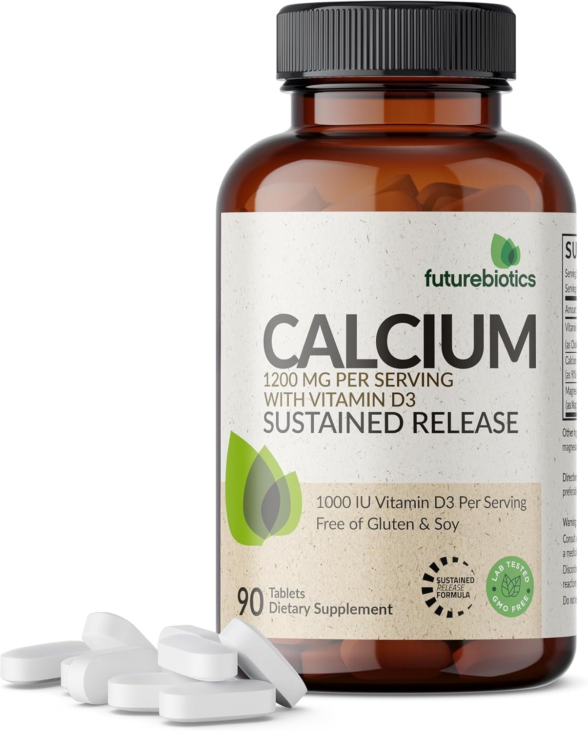 Futurebiotics Calcium 1200 MG Per Serving Sustained Release with Vitamin D3 1000 IU Per Serving Non-GMO, 90 Vegetarian Tablets
