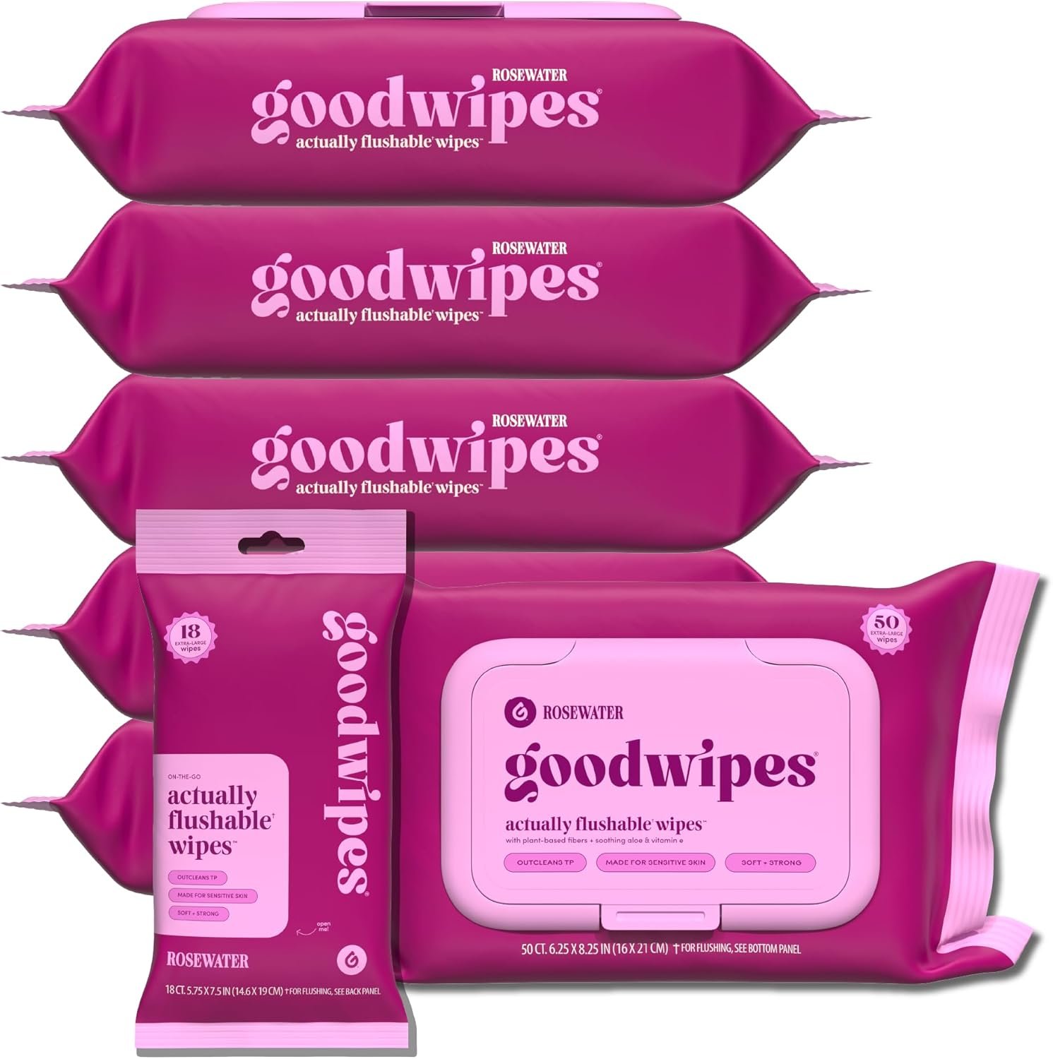 goodwipes Flushable Butt Wipes – Vitamin E & Aloe – Sewer & Septic Safe – Extra Large Adult Wet Wipes For Women & Men – Bathroom Essentials – Rosewater, 318 Count (6 Packs + 1 Travel)