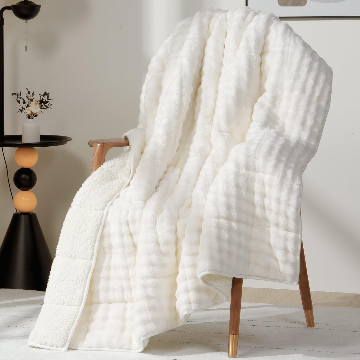 Cottonblue Weighted Blanket 15lbs for Adults, Fluffy Bubble Sherpa Fleece Weighted Blankets for Queen Size Bed, Cute Fuzzy Warm Heavy Blanket for Calming & Sleeping, 60″x80″, Cream White