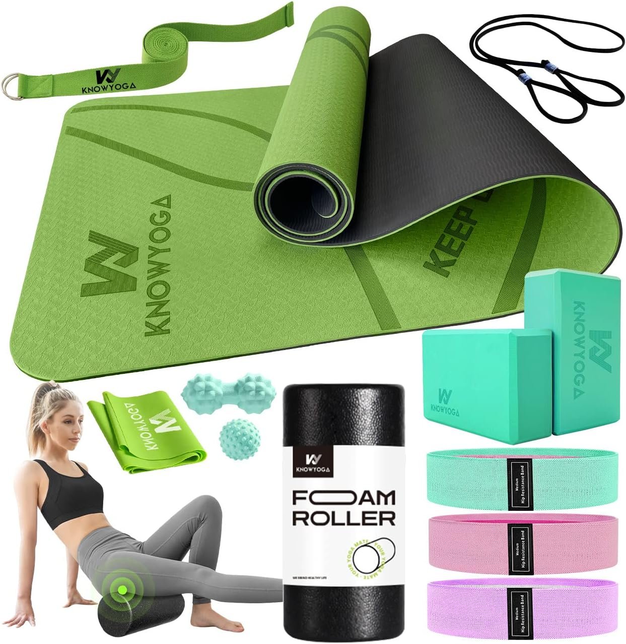 Yoga Starter Kit 12 in 1 – Yoga Set Include Yoga Mat, Foam Roller, 4 Resistance Bands, Yoga Blocks 2 Pack with Strap, 2 Peanut Massage Balls, Yoga kit and Sets for Beginners