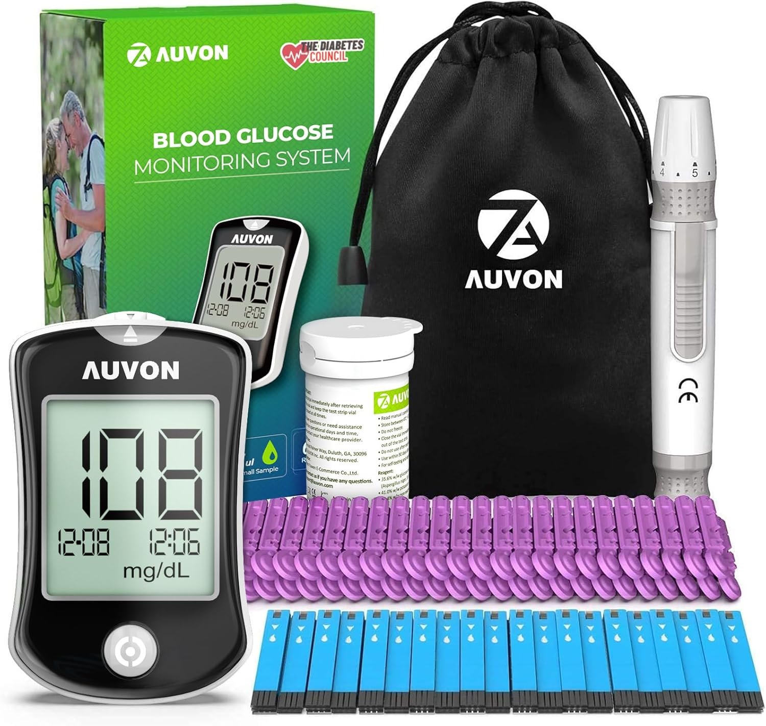 AUVON Blood Glucose Monitor Kit, High Accuracy Blood Sugar Test Kit with 50 Glucometer Strips, 50 30G Lancets, 1 Lancing Devices, DS-W Diabetes Testing Kit, No Coding Required, Travel Size