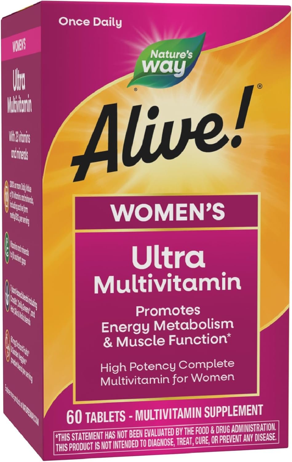 Nature’s Way Alive! Ultra Multivitamin for Women, Complete Daily Women’s Vitamins, High Potency Formula, Promotes Energy Metabolism and Muscle Function*, Vitamin A, C, D, Methylated B12, 60 Tablets