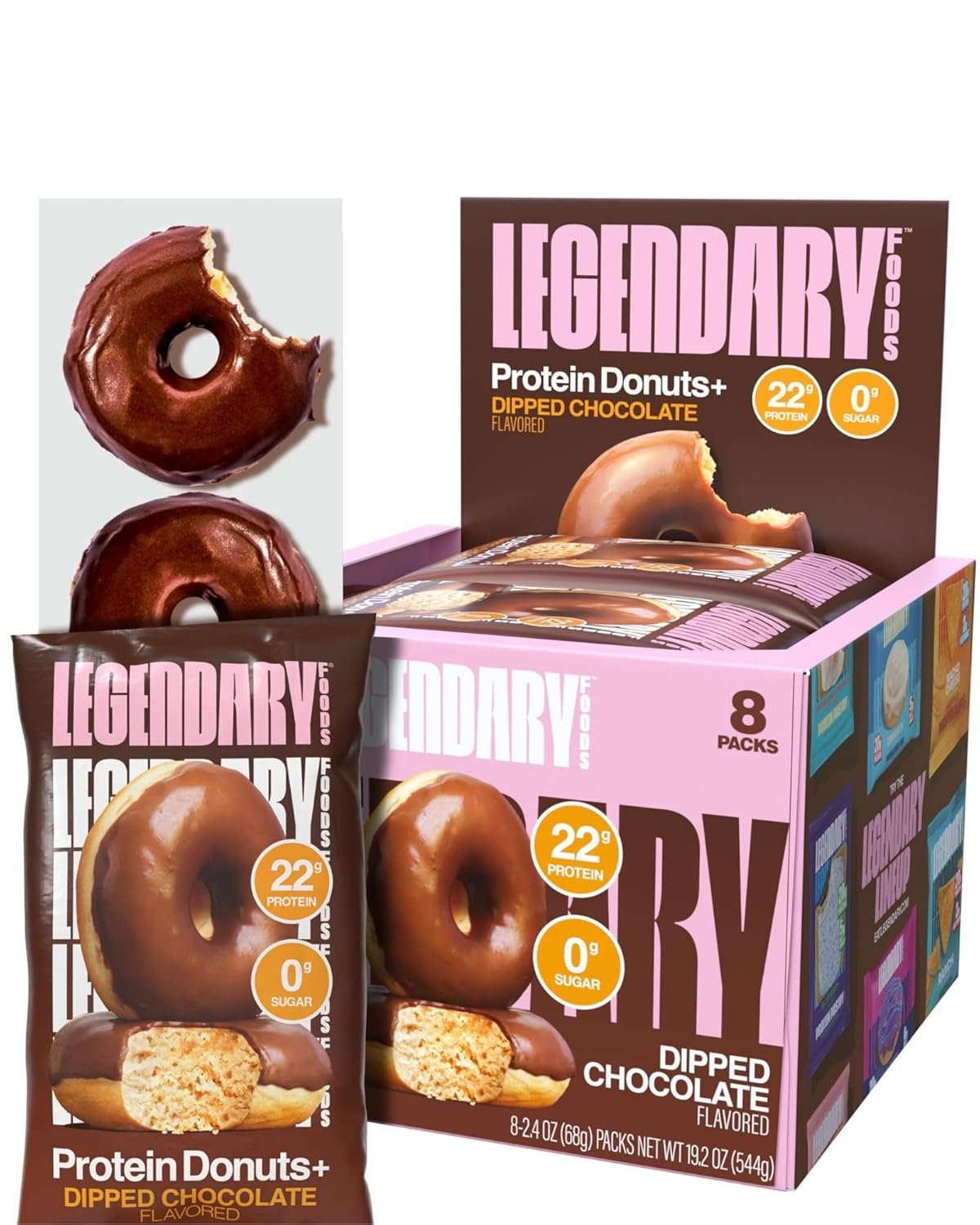 Legendary Foods Protein Donuts – 22g Protein, Dipped Chocolate, Zero Sugar Snack, Gluten Conscious, Low Carb, Keto Suitable, Diabetic and GLP-1 Diets – 8 Pack with Two Donuts per pack