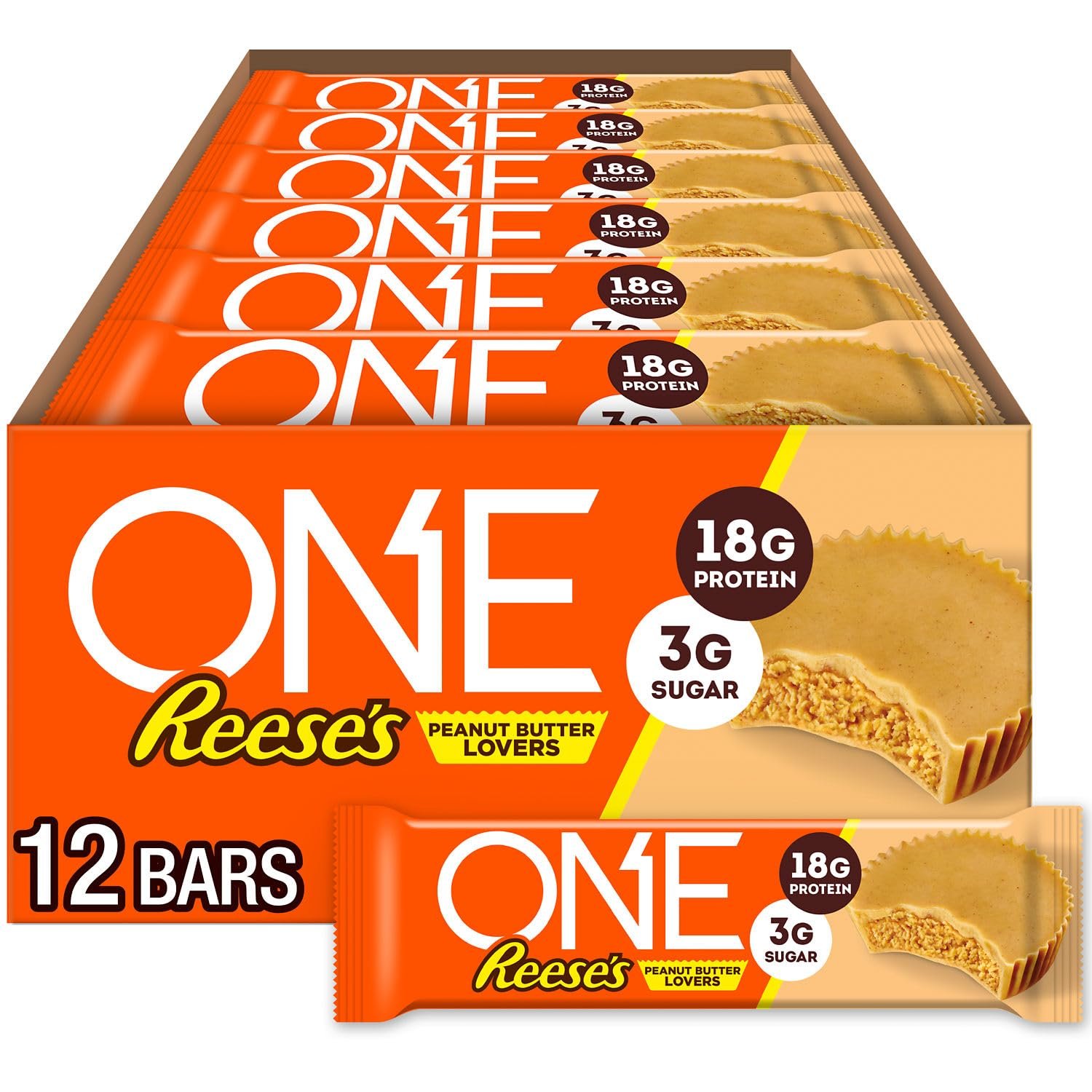 ONE Protein Bars, Reese’s Peanut Butter Lovers, Gluten Free with 18g Protein and 3g Sugar, Pantry Staples, 2.12 oz (12 Count)