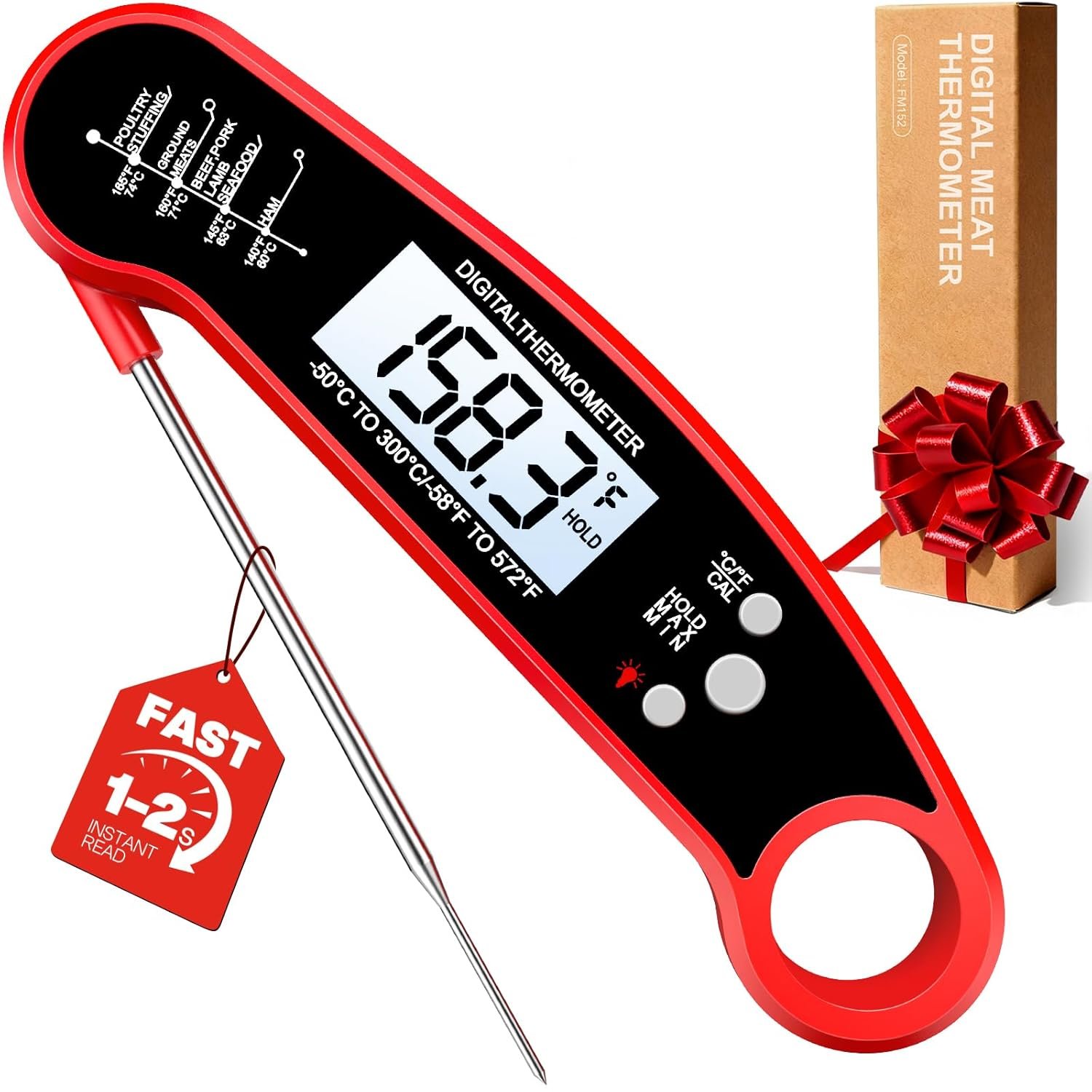 Meat Thermometer Digital – Instant Read Food Thermometer for Cooking Grilling, Candy, Air Fryer, Griddle Probe Kitchen Gadgets Essentials BBQ Accessories, Gifts for Men, Mom, Dad, Red