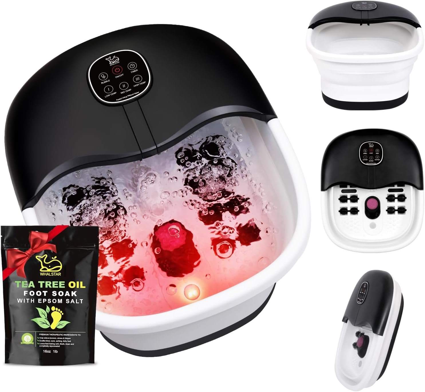 Collapsible Foot Spa Bath Massager with Heat Bubbles and Vibration Massage and Jets, 16oz Tea Tree Oil Foot Soak Epsom Salt, WHALSTAR Foot Bath Bucket With Red Light & Remote