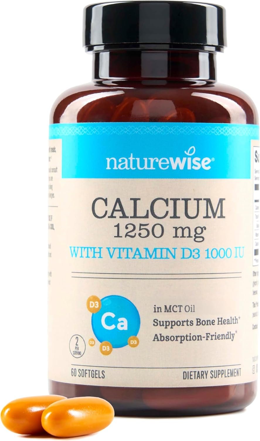 NatureWise High-Purity, All-Natural Calcium 1250mg + Vitamin D3 1000IU + Organic MCT Coconut Oil – Pregnancy Safe + Non-GMO – Absorption Friendly, Gluten Free – 60 Softgels[30-Day Supply]