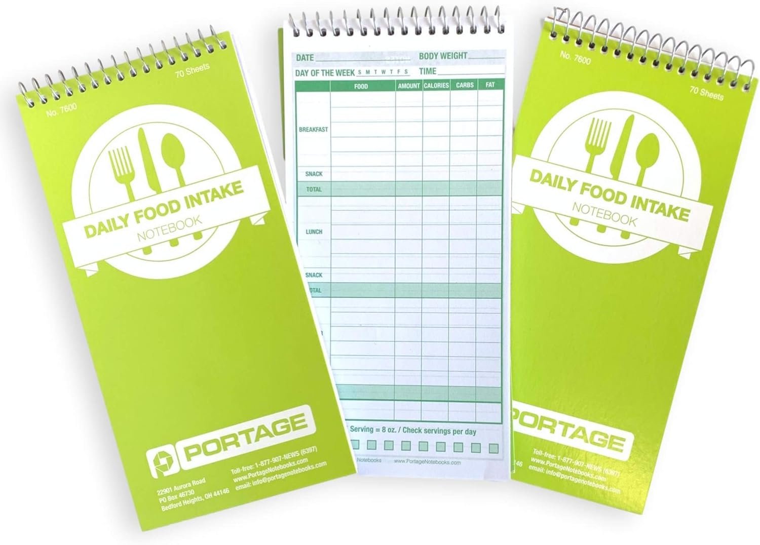 Portage Food Diet Journal – Notebook for Daily Food Intake with Template to Track Calories, a Diet Diary, Meal Tracker – 4 x 8 Inches, 70 Sheets, 140 Pages, (Pack of 3)