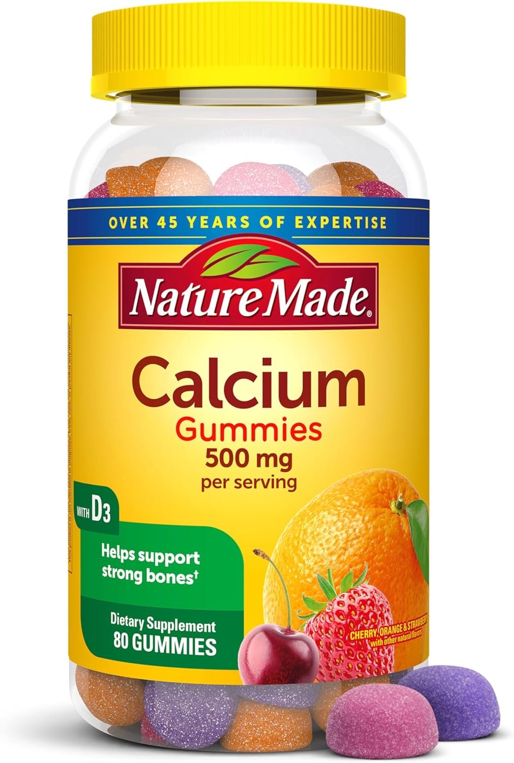 Nature Made Calcium Gummies 500 mg Per Serving with Vitamin D3, Dietary Calcium Supplement for Bone Support, 80 Gummies, 40 Day Supply