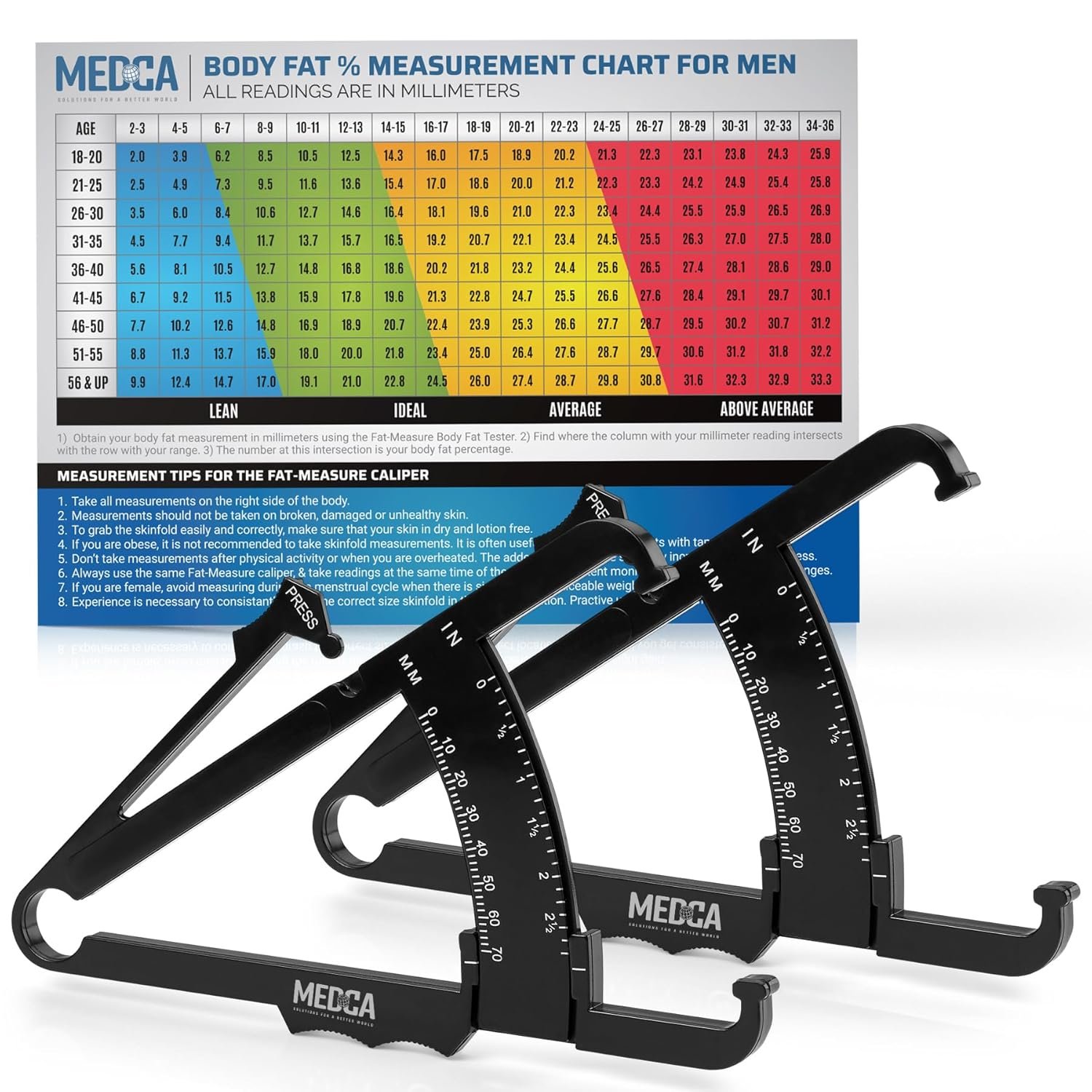 Skinfold Body Fat Caliper – Skin Fold Body Fat Analyzer and Handheld BMI Measurement Tool Skinfold Caliper Device Measures Body Fat for Men and Women by MEDca – (Pack of 2, Black)
