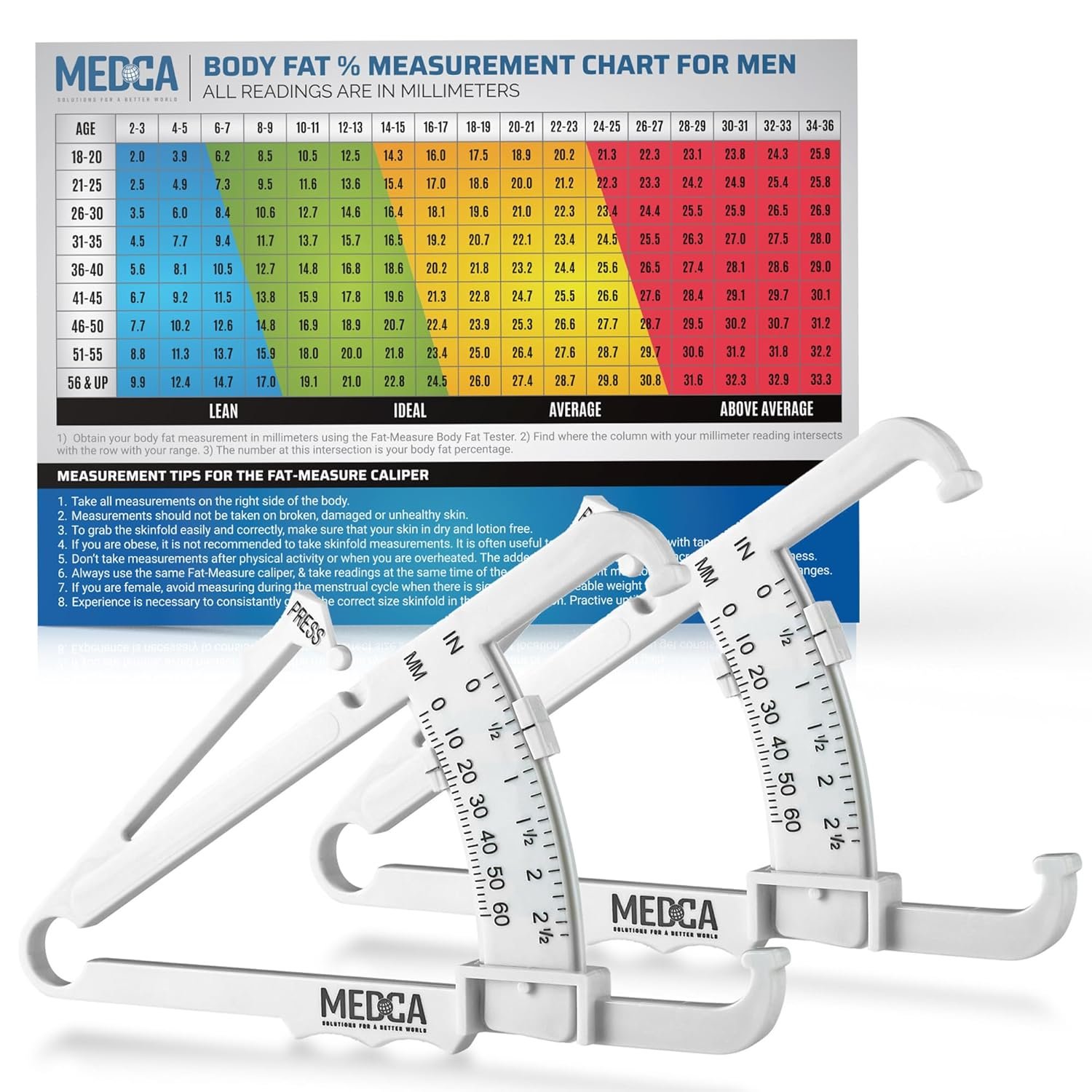 Skinfold Body Fat Caliper – Skin Fold Body Fat Analyzer and Handheld BMI Measurement Tool Skinfold Caliper Device Measures Body Fat for Men and Women by MEDca – (Pack of 2, White)