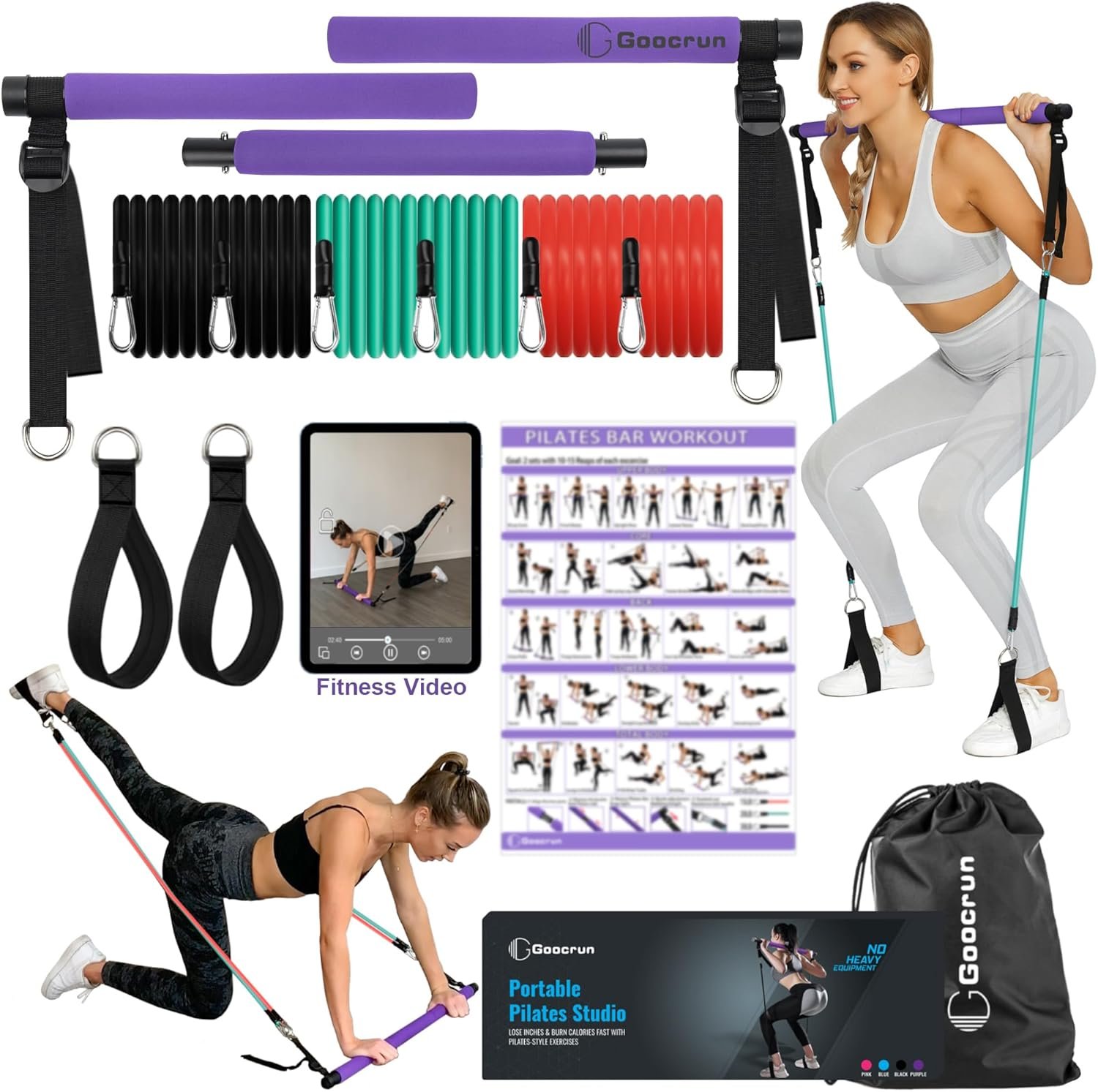 Portable Pilates Bar Kit with Resistance Bands for Men and Women – 3 Set Exercise Resistance Bands – Multifunctional Home Gym – Supports Full-Body Workouts – with Fitness Poster and Video