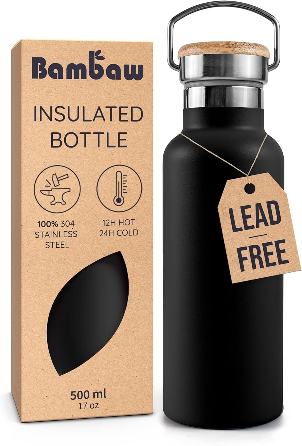 Bambaw Insulated Water Bottle 16 oz, Black Water Bottle, Stainless Steel Water Bottle, Dishwasher Safe Water Bottle, Travel Water Bottle No Straw, Metal Water Bottle – Jet Black