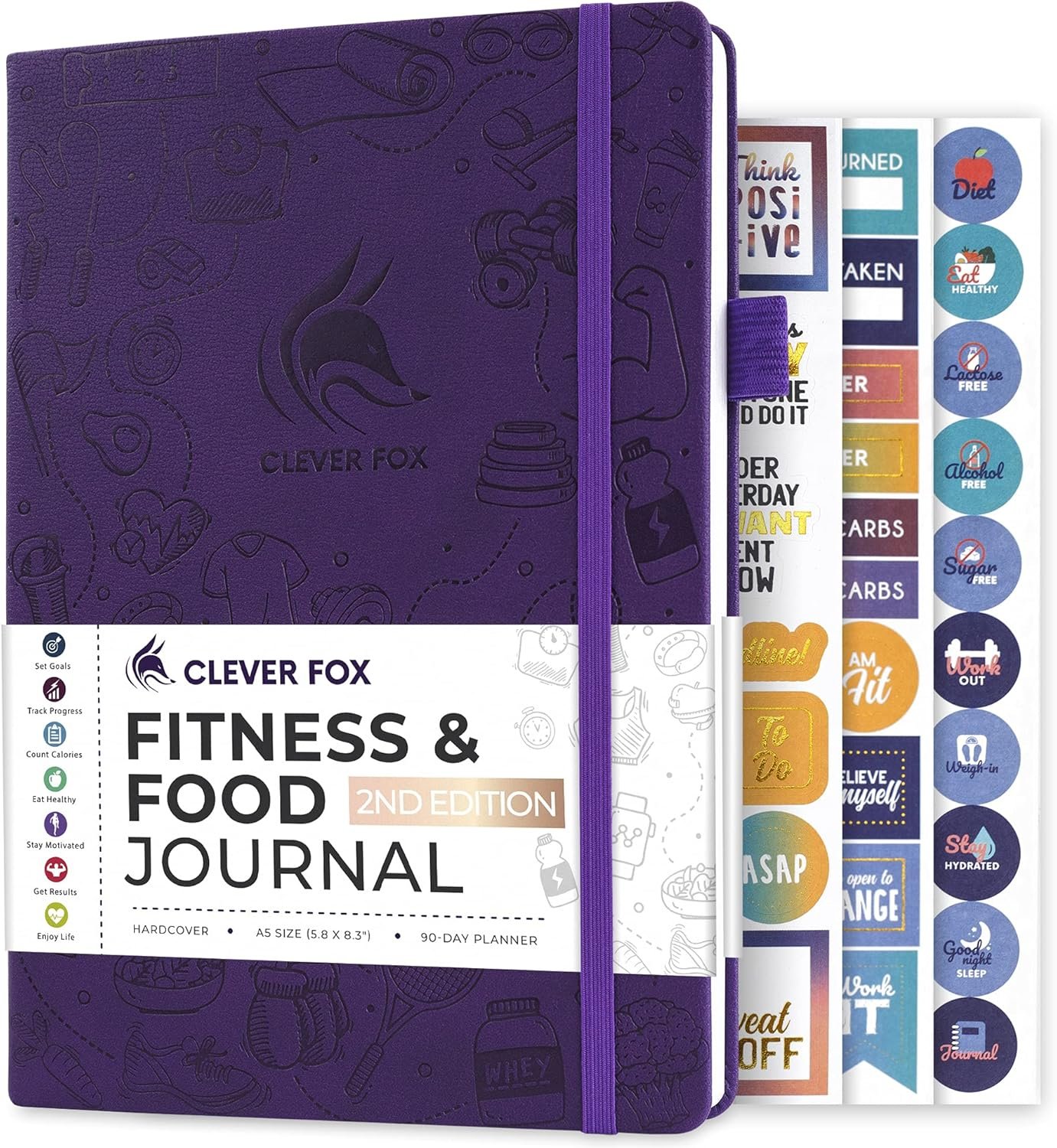 Clever Fox Fitness & Food Journal – Nutrition & Workout Planner for Women & Men – Diet & Gym Exercise Log Book with Calendars, Diet & Training Trackers – Undated, A5 Size, Hardcover (Purple)