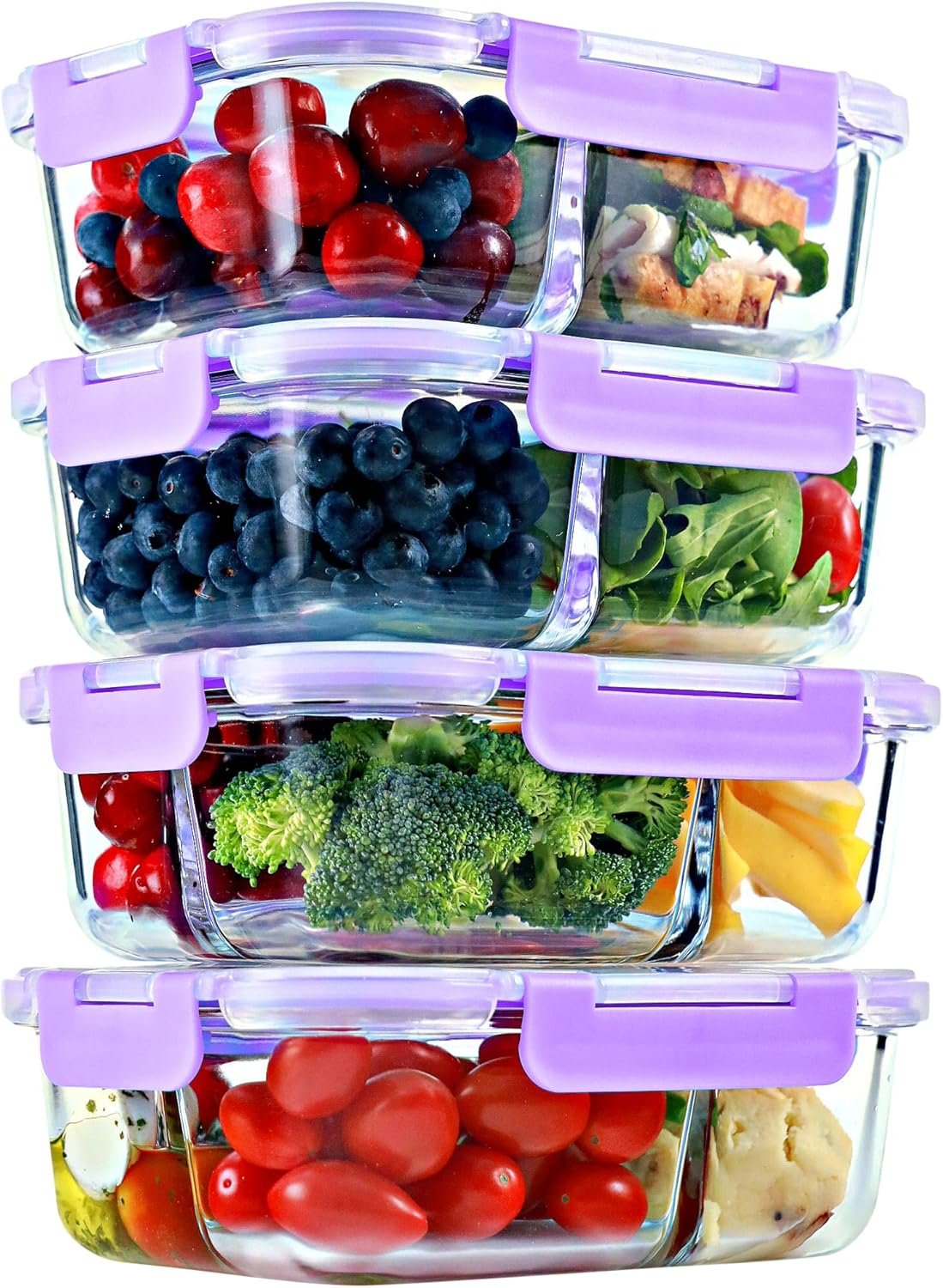 2 & 3 Compartment Glass Meal Prep Containers (4 Pack, 32 oz) – Glass Food Storage Containers with Lids, Bento Box, Portion Control, Airtight, Oven & Freezer safe, Food Container, Lavender