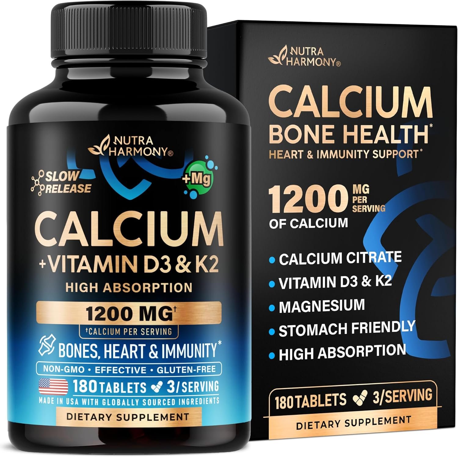 Calcium 1200 mg with Vitamin D3 – Calcium Citrate Supplements for Women & Men – Bone Health, Strength & Density – High Absorption & Slow Release – Lab Tested, Made in USA – 180 Tablets, 60 Days Supply