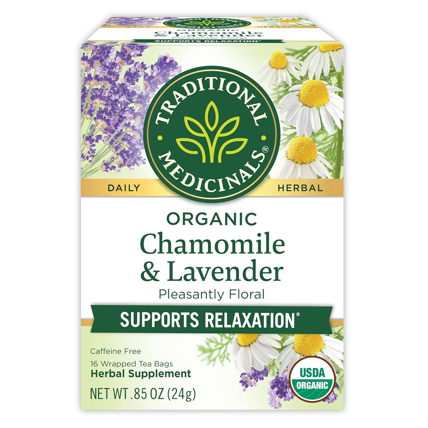 Traditional Medicinals Organic, Chamomile & Lavender – Chamomile Tea Supporting Stress Relief and Relaxation – Kosher, Non-GMO, Caffeine-Free, Compostable – 16 Tea Bags