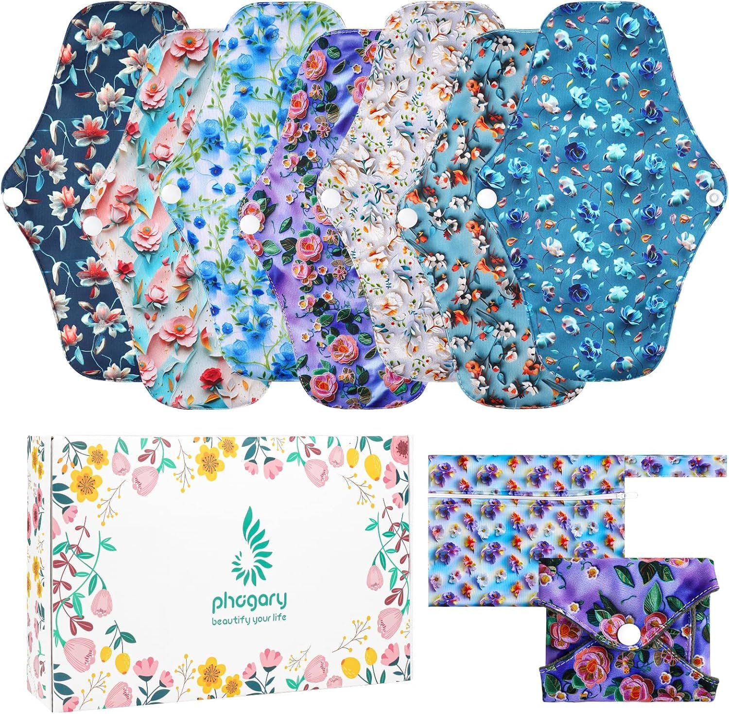 PHOGARY 7 Packs Reusable Menstrual Pads with Wings for Women, Washable Overnight Cloth Panty Liners Sanitary Pads for Heavy Flow with Wet Bag