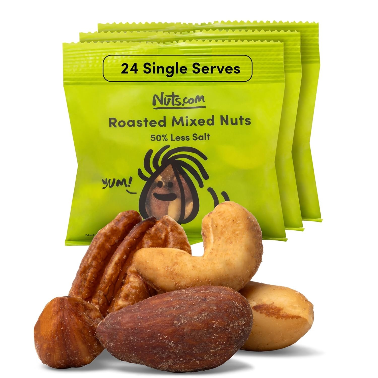Nuts.com Roasted Mixed Nuts (50% Less Salt) – 24 Single Serve Snack Packs – Almonds, Cashews, Pecans, Brazil Nuts, Hazelnuts – Gluten-Free, Kosher, No Peanuts – Healthy Low Sodium Protein Snack