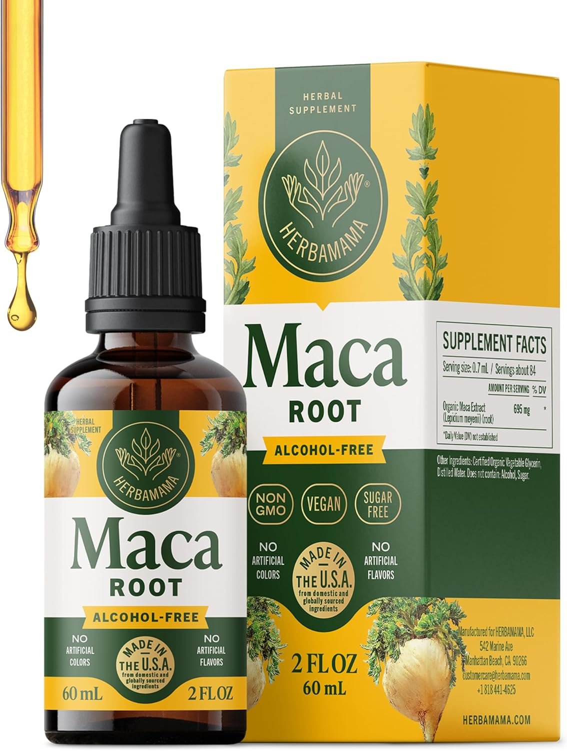 HERBAMAMA Maca Root Liquid Drops – Vegan Maca Root Extract for Women & Men Support – Non-GMO, Alcohol & Sugar-Free Liquid Supplement Tincture, 28-Day Supply