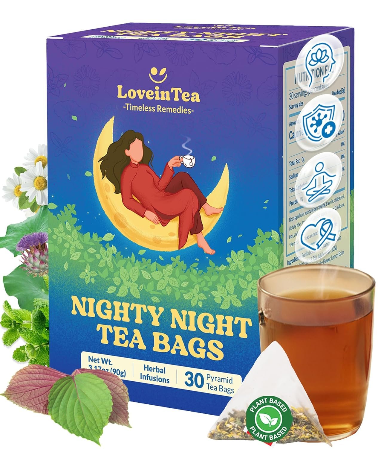 LoveinTea Nighty Night Sleep Herbal Tea Bags, Caffeine-Free Bedtime Tea, Natural Vietnamese Herb Blend, Plant-Based Pyramid Bags, 30 Count