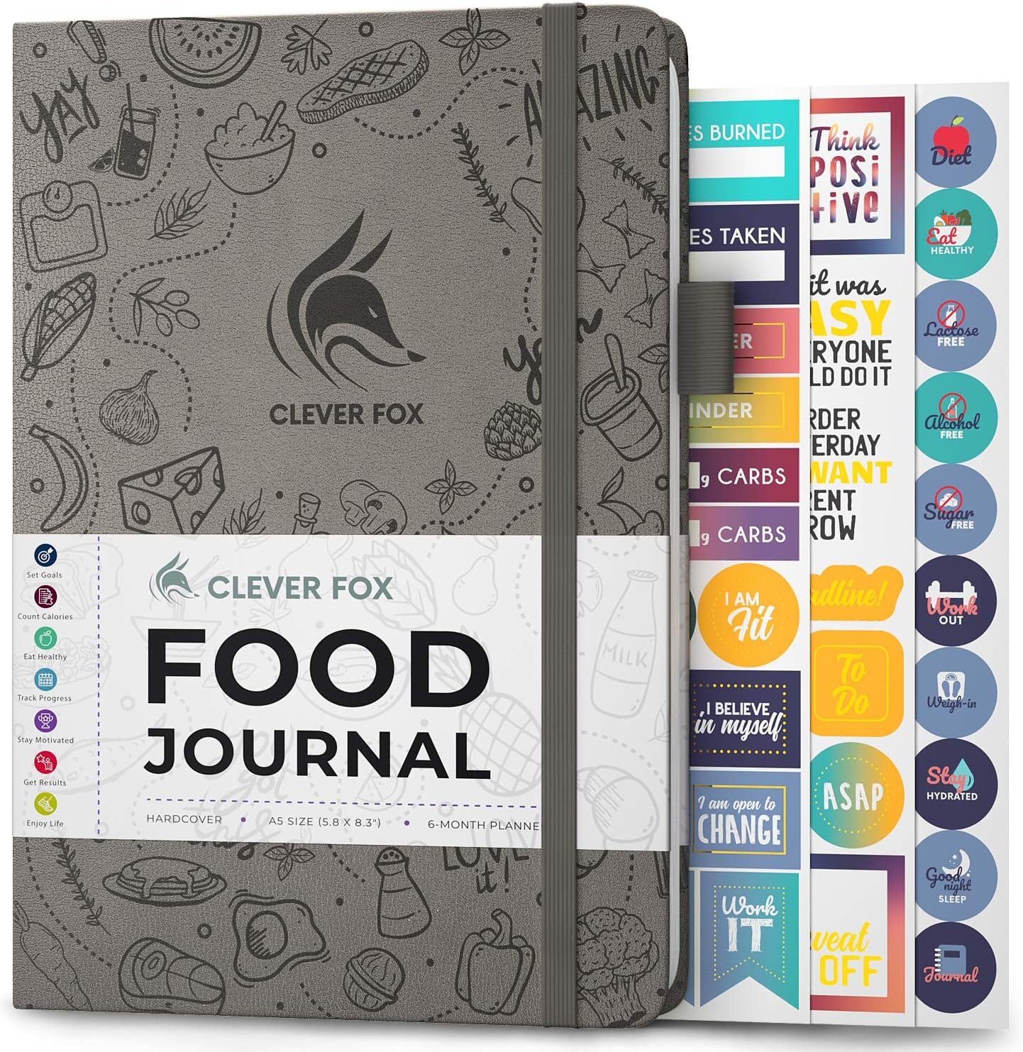 Clever Fox Food Journal – Daily Food Diary, Meal Planner to Track Calories & Nutrients, Weight Tracker Notebook, A5 (Gray)