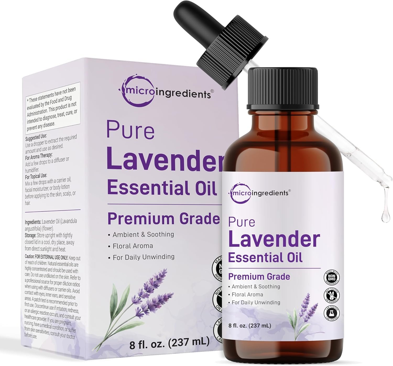 Micro Ingredients Pure Lavender Essential Oil, 8 fl oz | Premium Grade Liquid Drops | DIY for Natural Aromatherapy, Soap, Lotion, Diffuser, Candles, Body & Scalp Massages | Soothing Floral Aroma