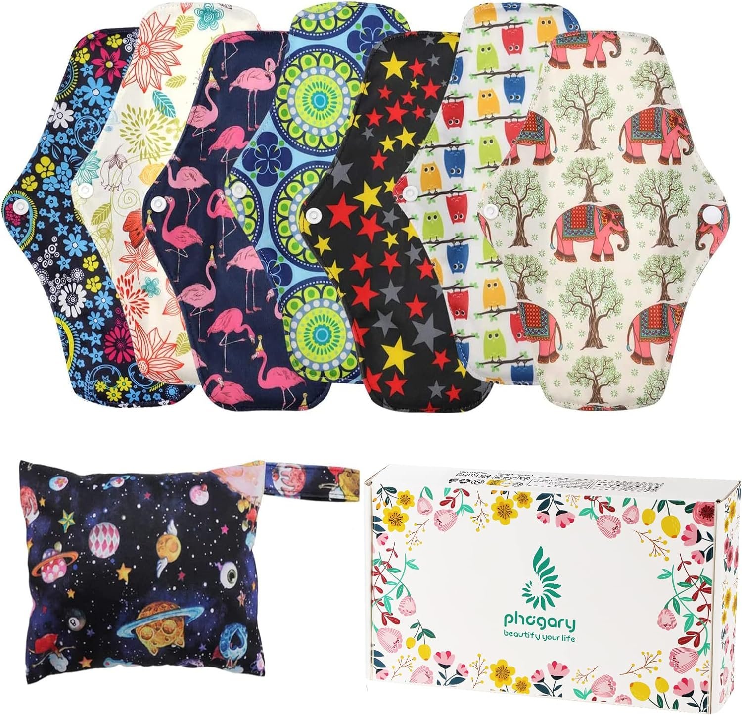 Reusable Menstrual Pads (7 in 1, 10in*7in), PHOGARY Bamboo Cloth Pad for Heavy Flow with Wet Bag, Large Sanitary Pads Set with Wings for Women, Washable Overnight Cloth Panty Liners Period Pad