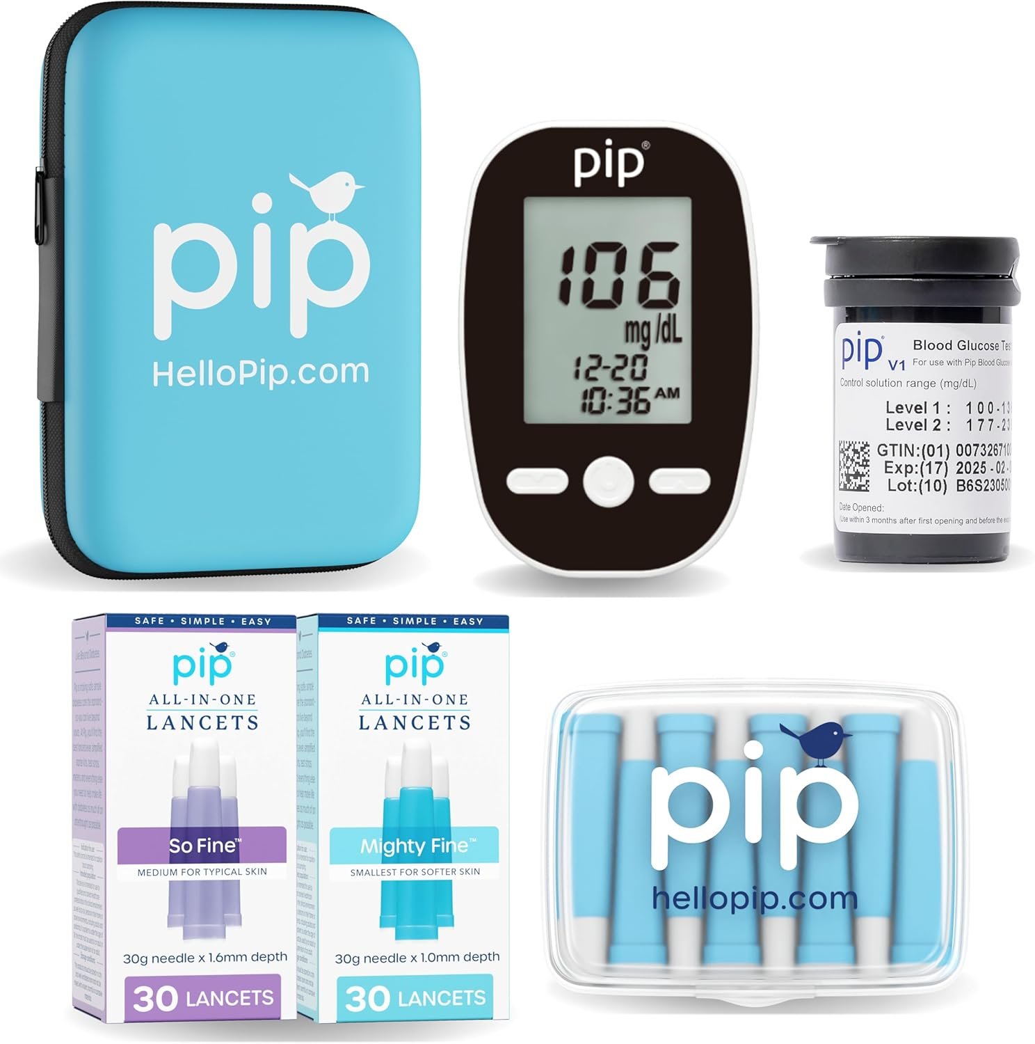 Pip Blood Glucose Monitor Kit with Preloaded Safety Lancets – Complete Diabetes Testing Kit for Blood Sugar Monitoring | No Lancing Device, Virtually Painless | 50 Test Strips, Lancets & Travel Case