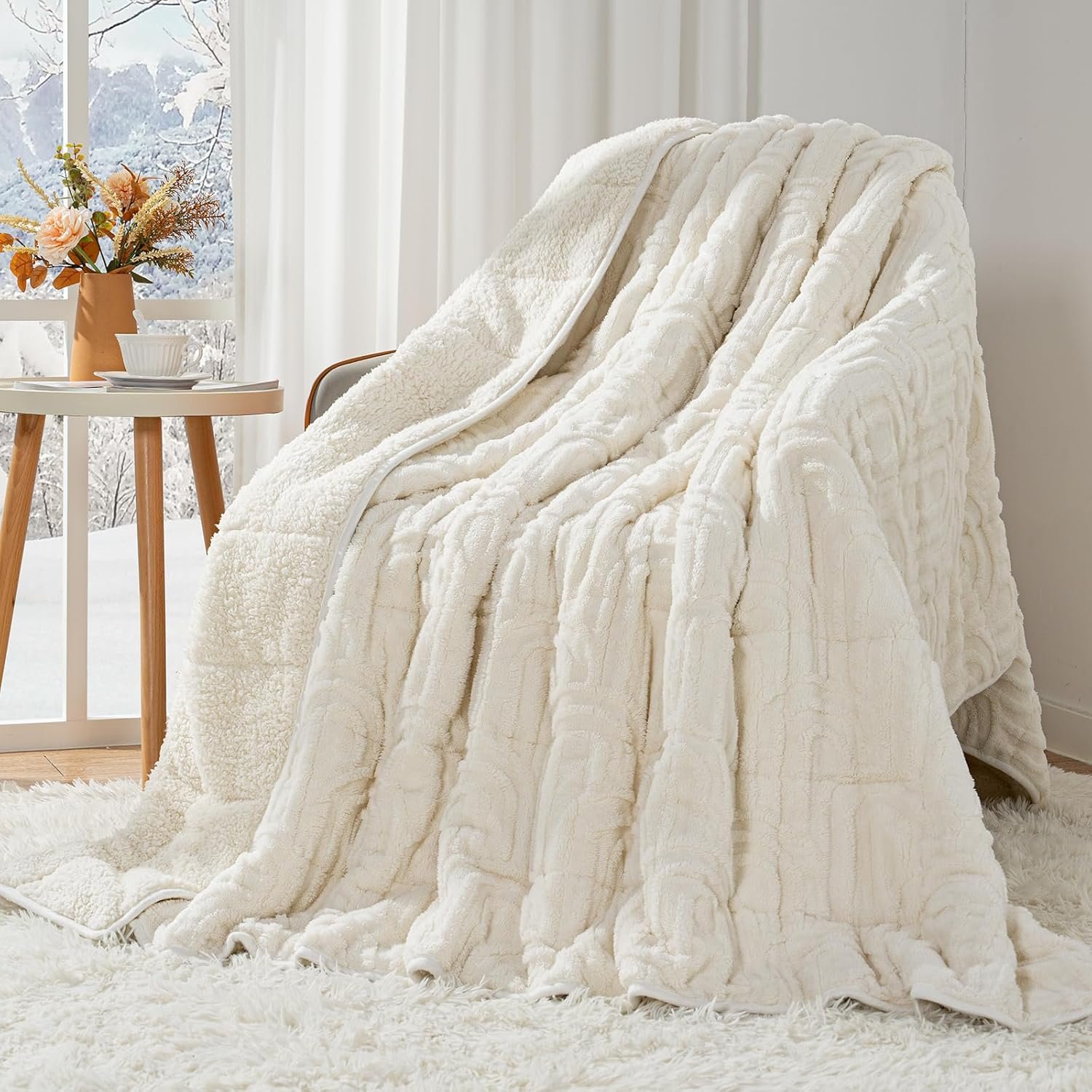 Cottonblue Weighted Blanket for Adults Queen Size 15 lbs, Soft Fluffy Sherpa Fleece Jacquard Weighted Blankets Throw 60″ x 80″ for Sleep Relax, Fuzzy Warm Arch Heavy Blanket for Bed Couch, Cream White