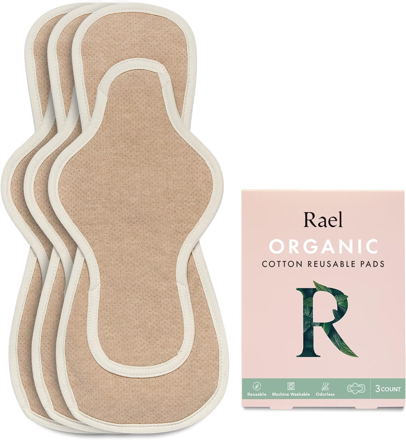 Rael Reusable Pads, Organic Cotton Cover Pad – Postpartum and Period Essential, Heavy Absorbency, Thin Cloth, Leak-Free, Washing Machine Safe (3 Count, Overnight)