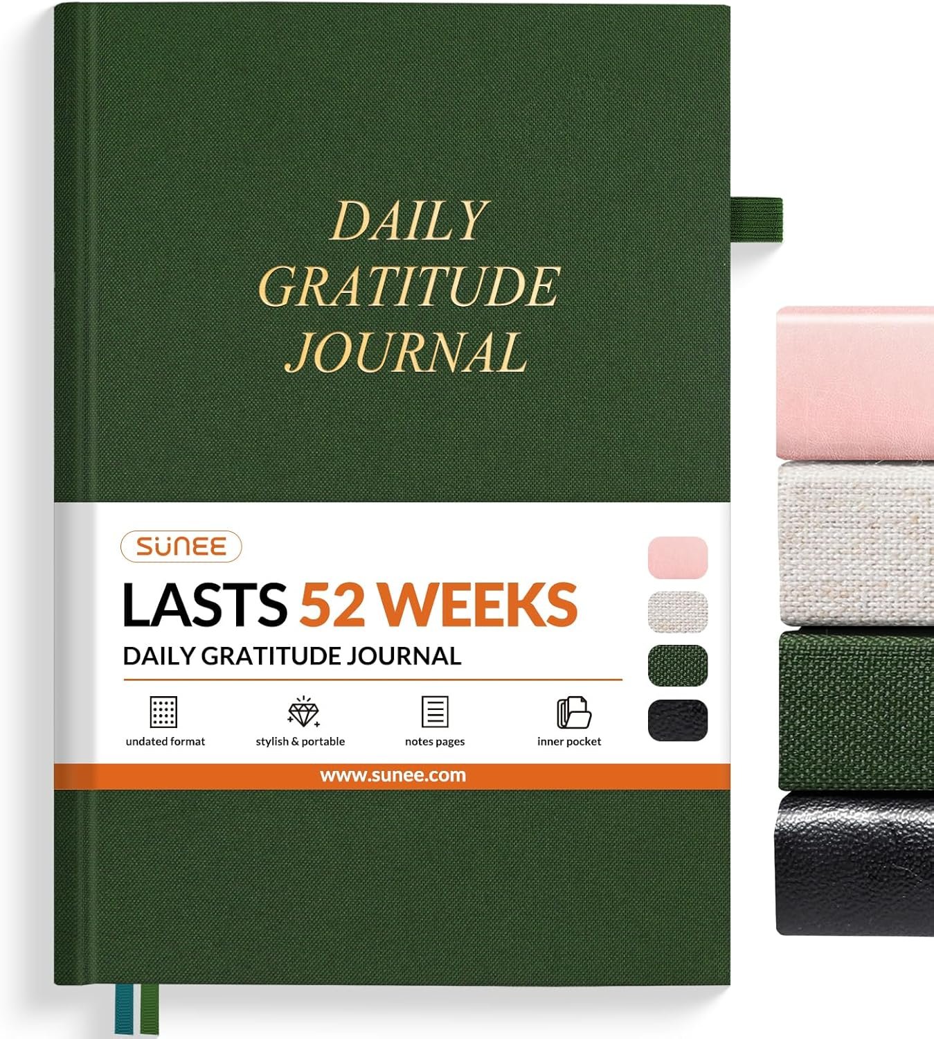 SUNEE Daily Gratitude Journal – 52 Weeks Simple 5 Minute Journal for Daily Reflection, Build Positivity and Mindfulness, Undated Minimalist Planner for Women & Men (Deep Green)