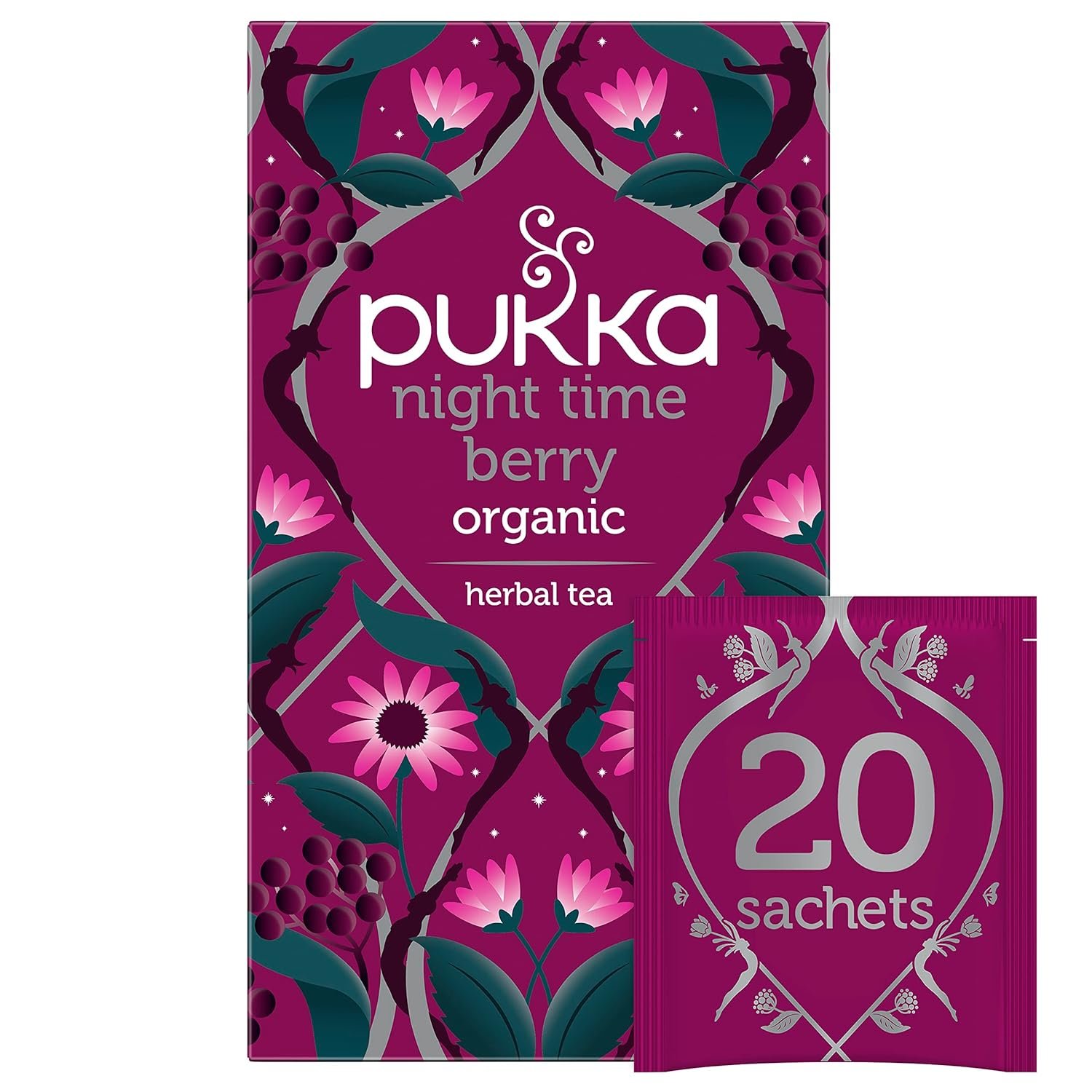 Pukka Organic Night Time Berry Herbal Tea with Chamomile, Echinacea, and Elderberry, Caffeine Free, 20 Total Tea Bags
