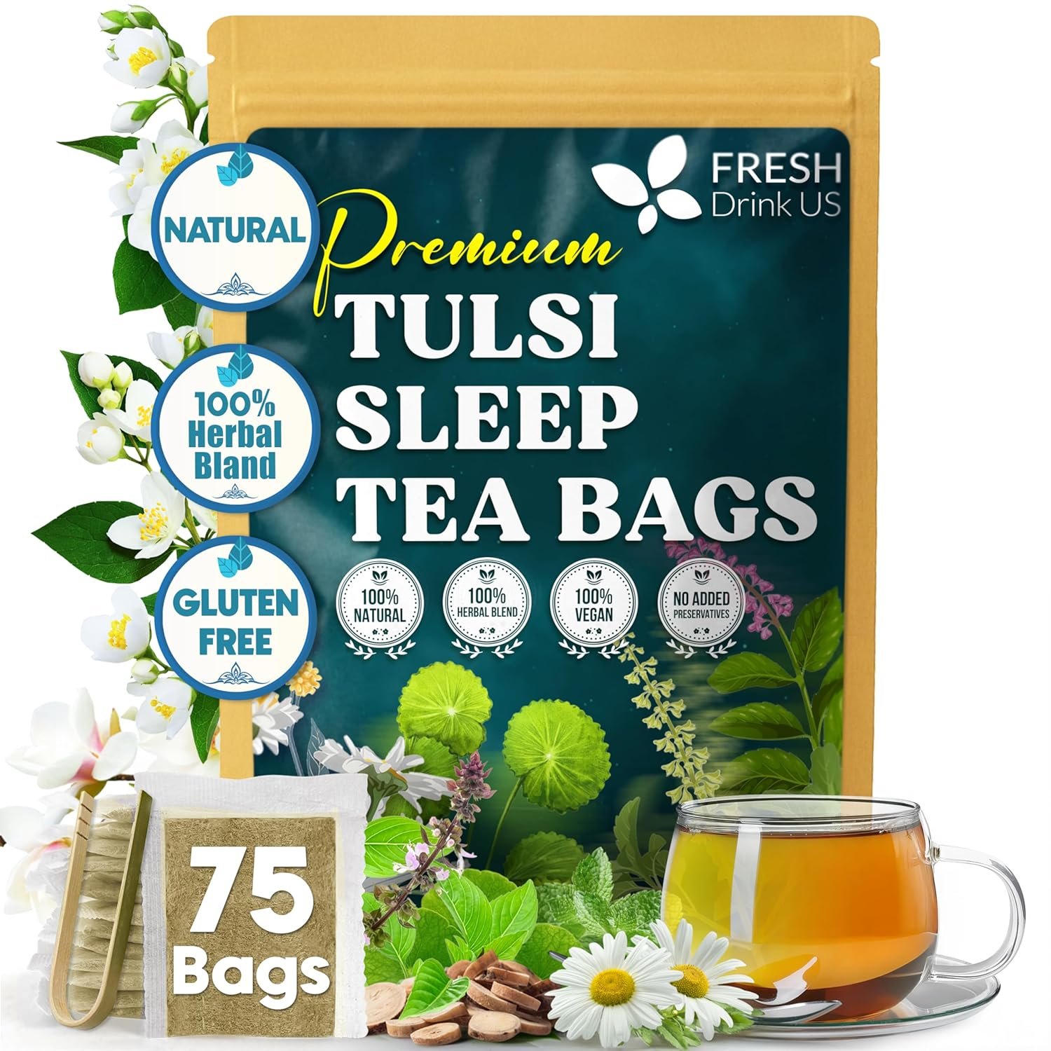 FreshDrinkUS, Tulsi Sleep Tea Bags | 75 Tea Bags | Herbal Blend with Tulsi Holy Basil, Chamomile, Gotu Kola, Ashwagandha & Peppermint | Naturally Caffeine-Free, Relaxing Evening Herbal Tea. Vegan
