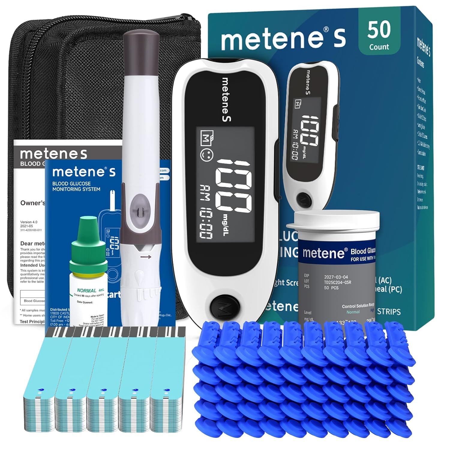 Metene S Blood Glucose Monitor Kit, Blood Sugar Testing Kit With 50 Test Strips & 50 Lancets & Control Solution, No Coding 0.7μl Blood, 7s Fast Reading, 150 Data Storage, Diabetes Testing Kit