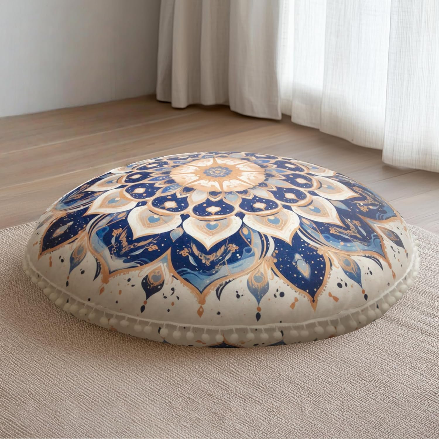 Meditation Cushion 32 Inch Round, Extra Thick Memory Foam Floor Pillow with Removable Washable Cover, Bohemian Mandala Yoga Cushion for Adults – Ideal Gift & Holiday Decor, Blue