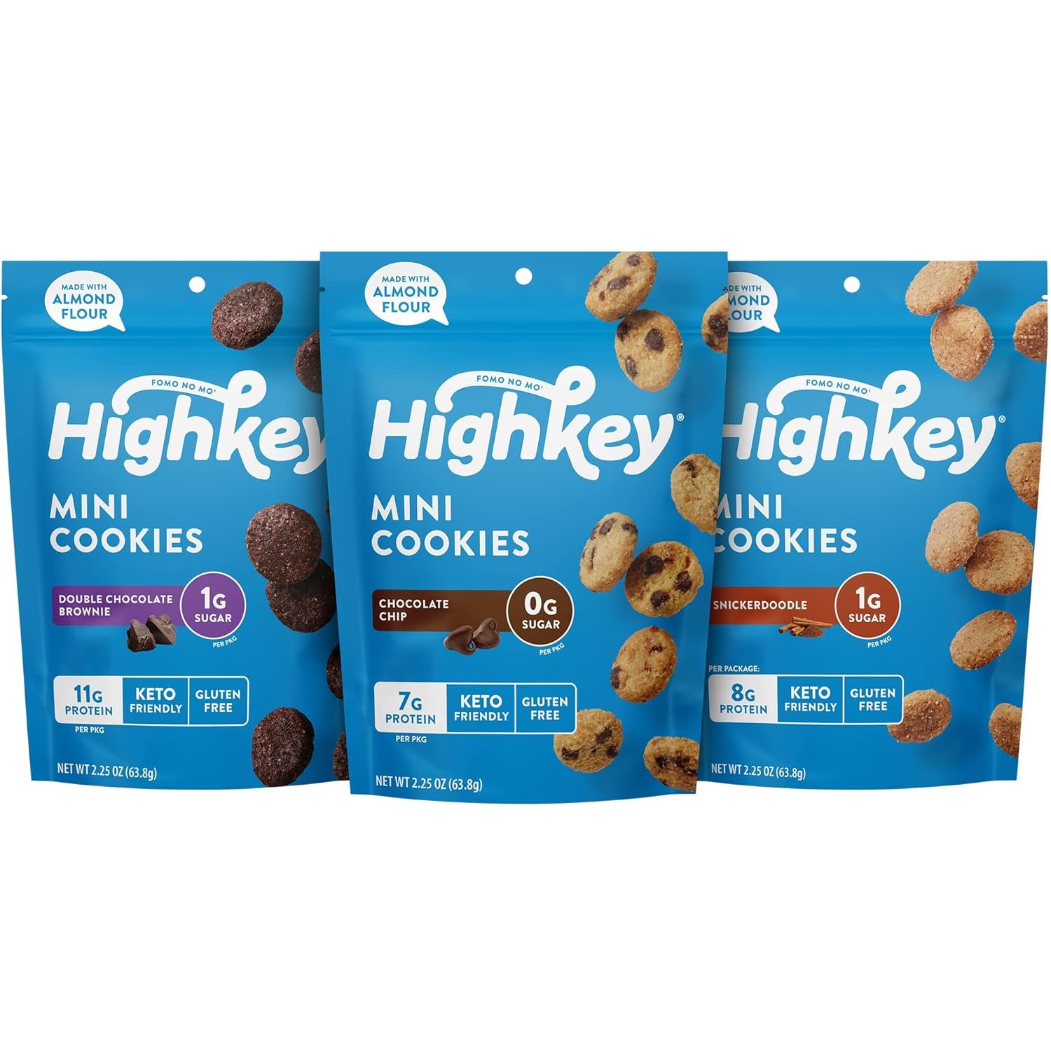 HighKey Cookies Variety Pack – 6.75oz Low Carb No Added Sugar 3-Pack Chocolate Chip Cookie, Snickerdoodle, Brownie Bites Low Carb Gluten Free Diabetic Snack Diet Friendly Food Sweets