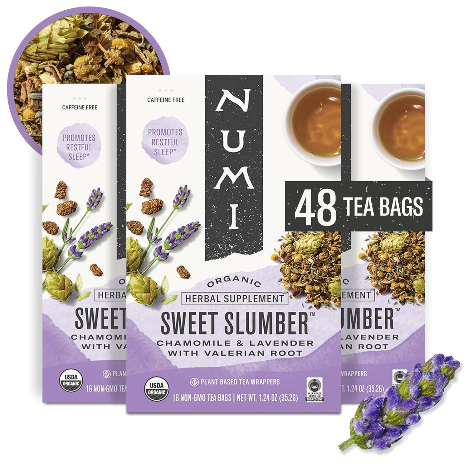 Numi Organic Tea Sweet Slumber with Chamomile, Valerian Root & Lavender, 16 Count Box of Tea Bags (Pack of 3) Herbal Teasan (Packaging May Vary)