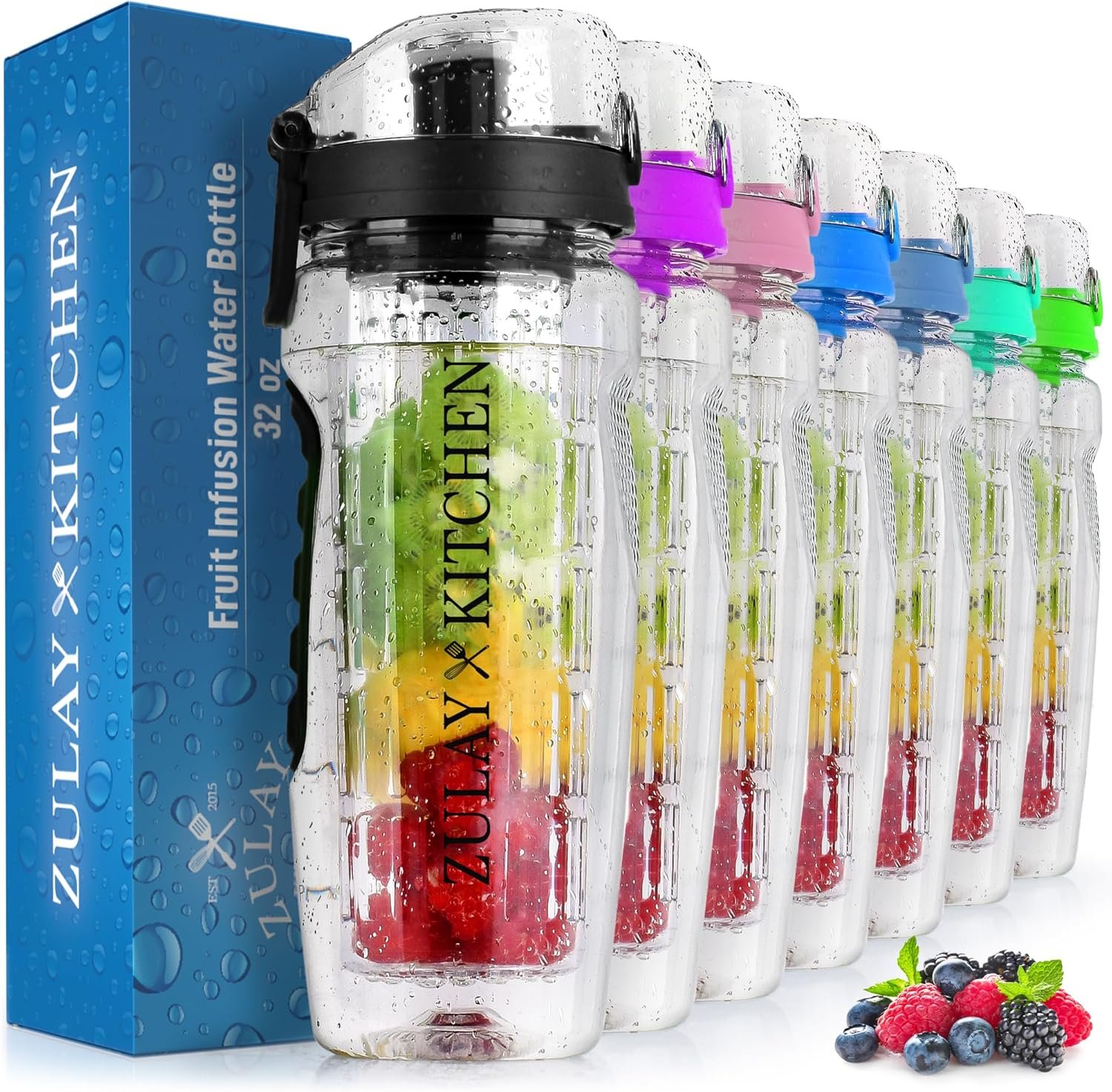 Hydration Nation 34oz Fruit Infuser Water Bottle – BPA Free Water Infuser Bottle with Dual Non-slip Grip & Flip Top Cap – Time Marked Water Bottle With Fruit Infuser Rod For Home & Outdoors (Black)