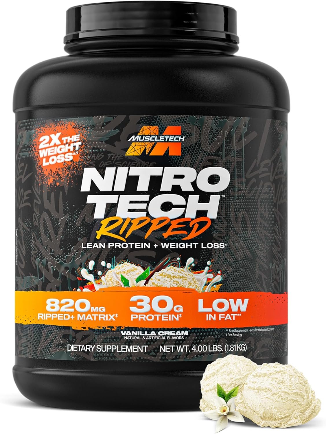 Muscletech Whey Protein Powder (Vanilla Cream, 4LB) – Nitro-Tech Ripped Whey Protein Isolate & Peptides Smoothie Mix for Lean Muscle & Fast Recovery – 30g of Whey Protein for Women & Men
