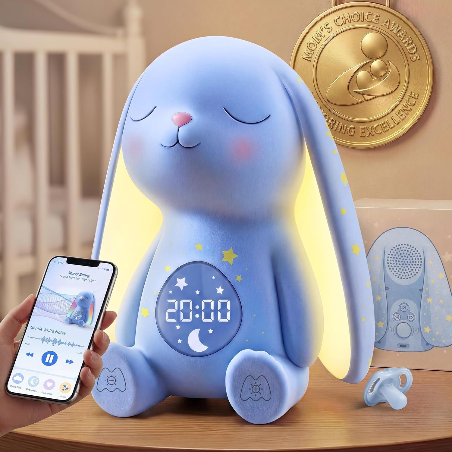 Mom’s Choice Awards丨Bunny White Noise Sound Machine Baby for Sleep- AI Cry Detection, 100 Soothing Sounds, 5-Year APP Access Included, Easter Gifts for Baby, Night Light & Sleep Trainer, New Mom Gift