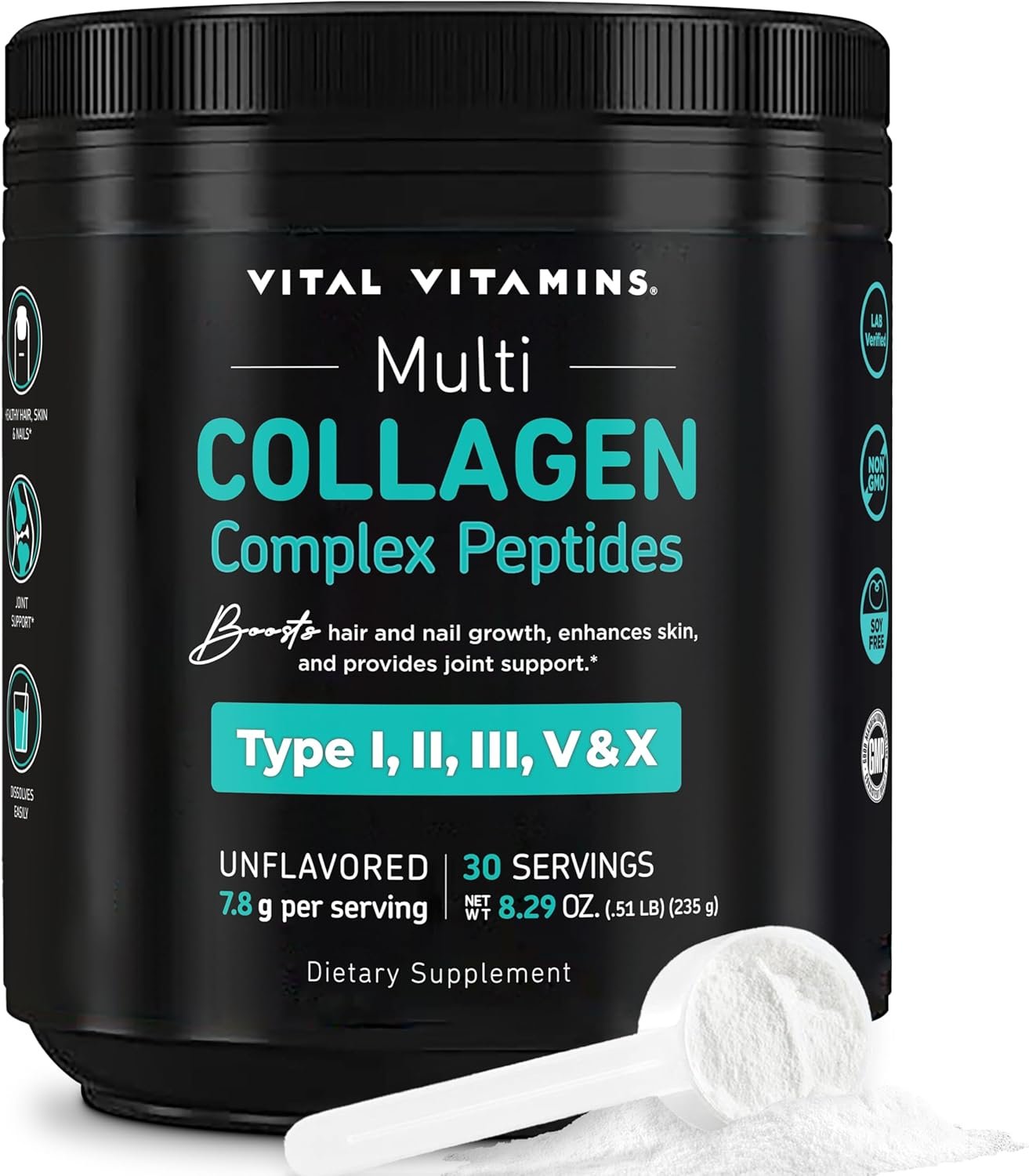 Vital Vitamins Multi Collagen Peptides Powder – Unflavored, Easy to Dissolve – Type I, II, III, V, X – for Women & Men – Promotes Hair, Skin, Nails, & Joint Health – 30 Servings