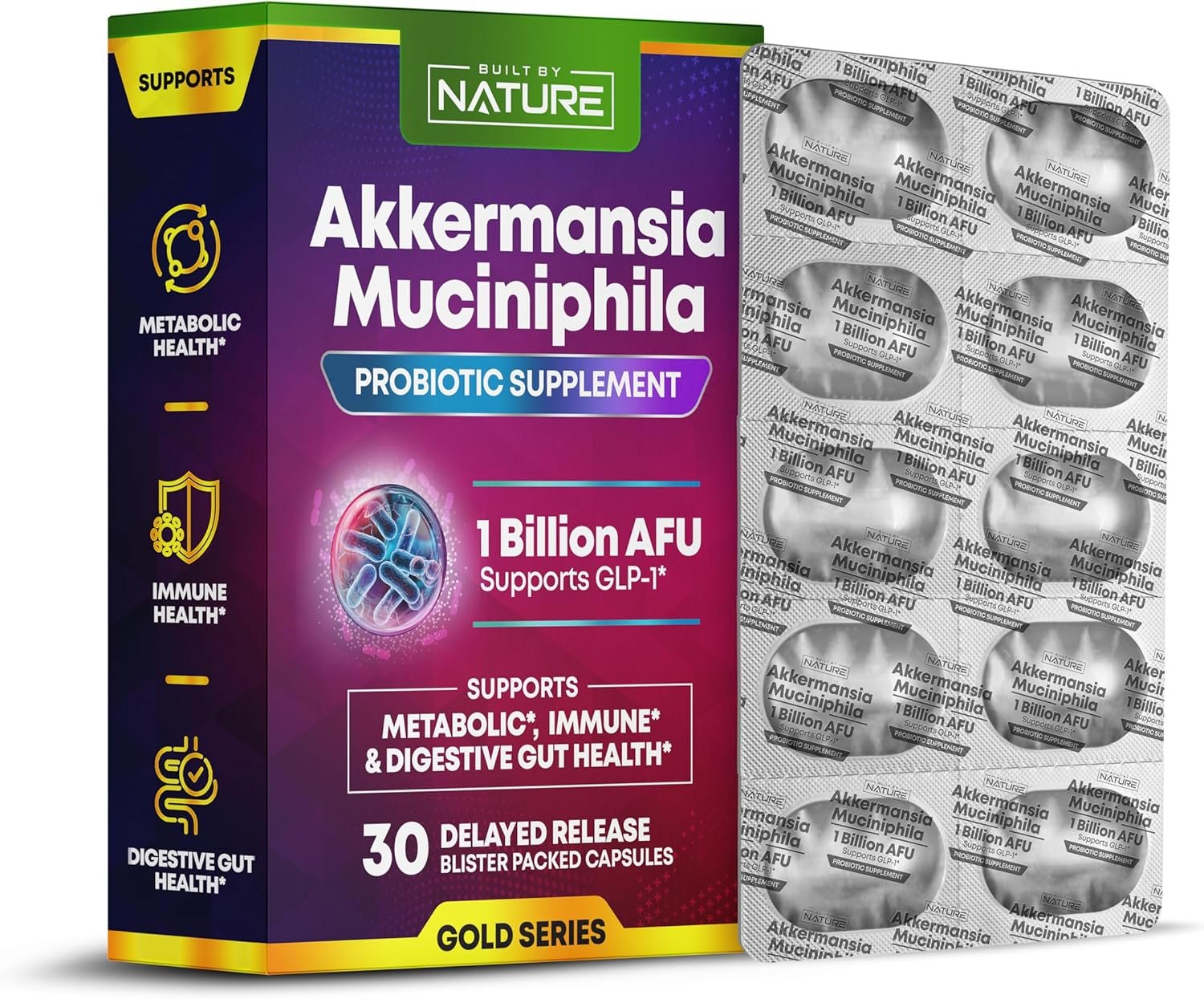 Built by Nature Akkermansia Probiotic – GLP-1 & Akkermansia Muciniphila Supplement – Glucose Support, Weight Loss, Gut Health – Best Akkermansia Probiotics – 1 Month Supply, 30 Capsules