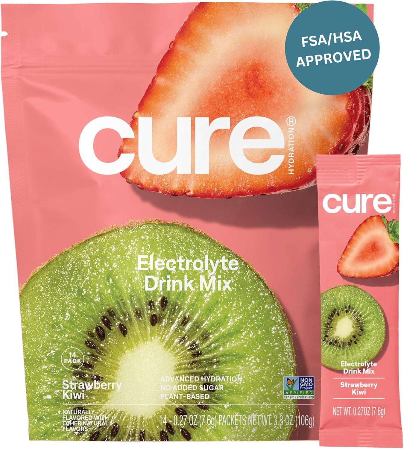 Cure Hydration | Plant-Based Electrolyte Drink Mix | No Added Sugar | FSA-HSA | Dehydration Relief Powder Made with Coconut Water | Non-GMO | Vegan | Pouch of 14 Packets – Strawberry Kiwi