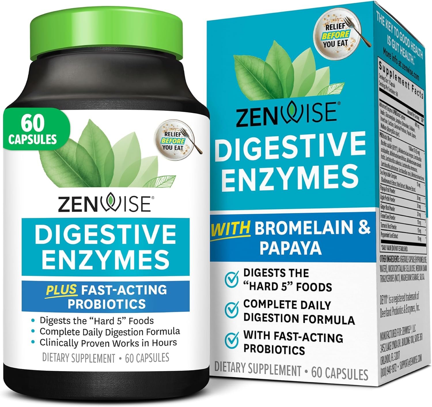 Zenwise Health Digestive Enzymes with Bromelain & Papaya – Multi Enzymes Digestion Supplement with Probiotics & Prebiotics for Gut Health, Gas & Bloating Relief – Men & Women – 60 Vegetarian Capsules