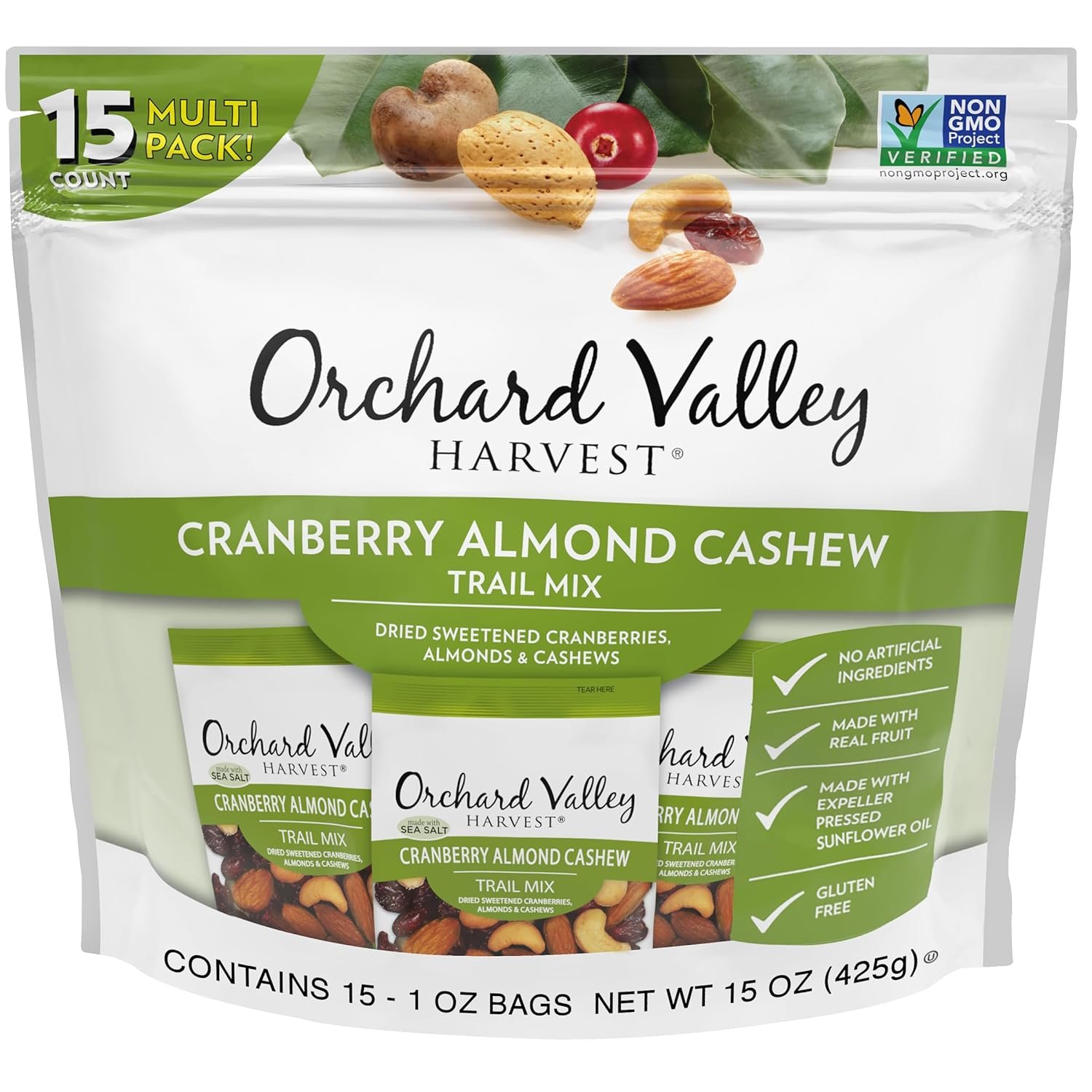 Orchard Valley Harvest Cranberry Almond Cashew Trail Mix, 1 Ounce (Pack of 15), Cranberries, Almonds, Cashews, Trail Mix Individual Packs, Snacks for Adults, No Artificial Ingredients, Bulk Snacks, Healthy Snacks for Adults