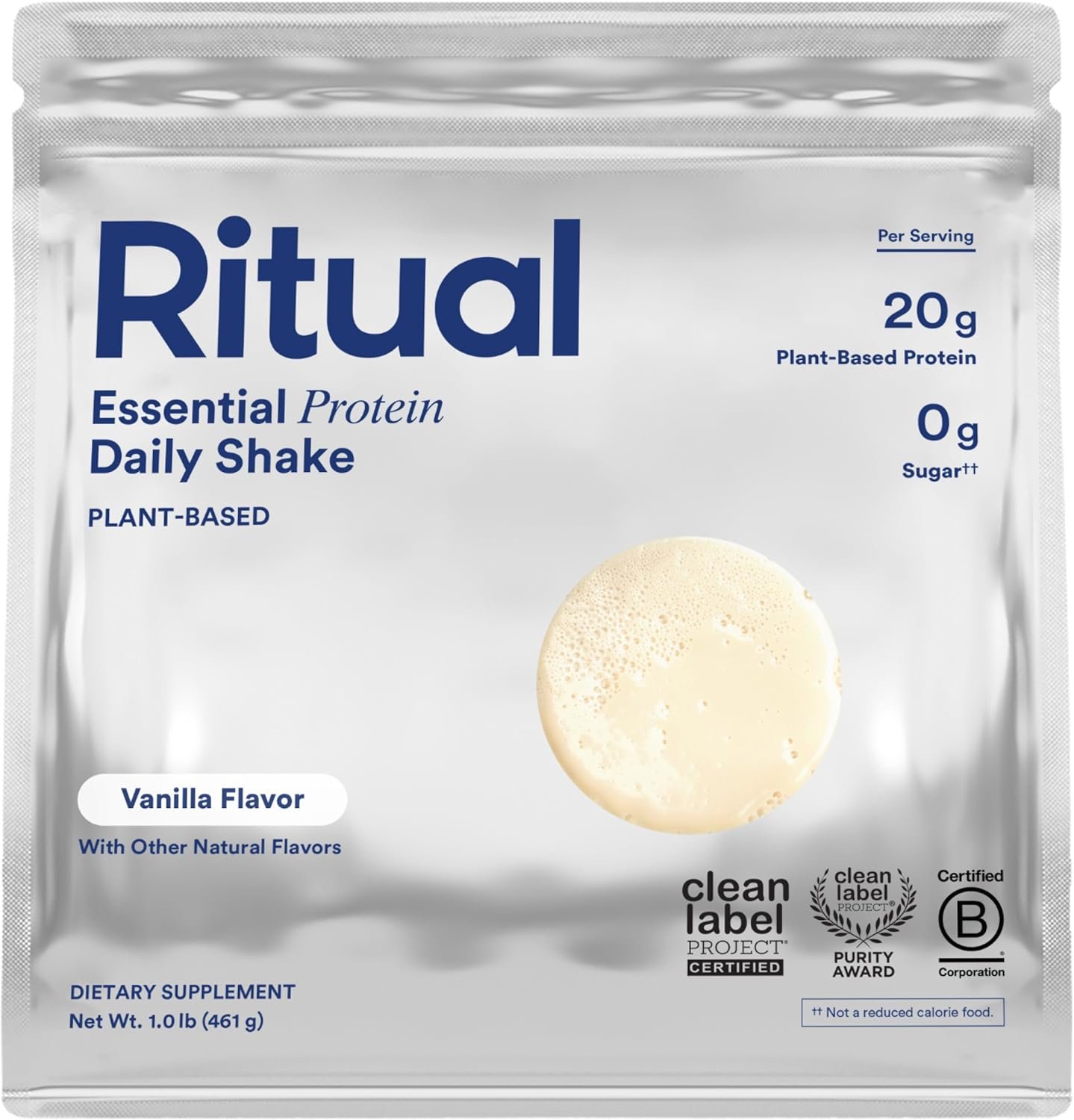 Ritual Pea Protein Powder with BCAA: 20g Organic Vegan Plant-Based Protein from Regenerative Farms in North America, Complete Amino Acid Profile, Gluten Free, Sugar Free‡, Dairy Free, Vanilla, 1 Lbs