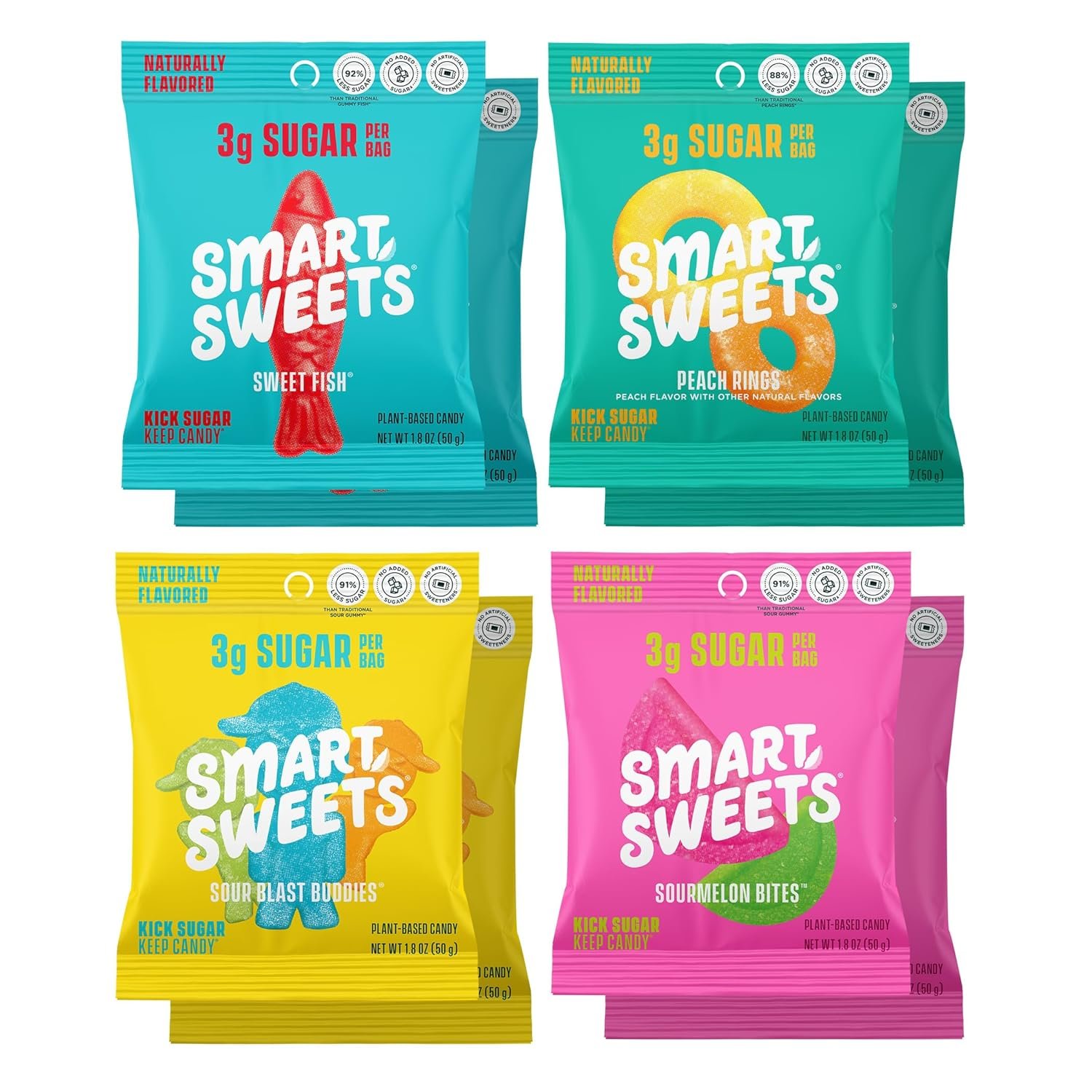 SmartSweets Variety Pack, 1.8oz (Pack of 8), Candy With Low Sugar & Calorie, Healthy Snacks For Kids & Adults – Sweet Fish, Sourmelon Bites, Peach Rings, Sour Blast Buddies