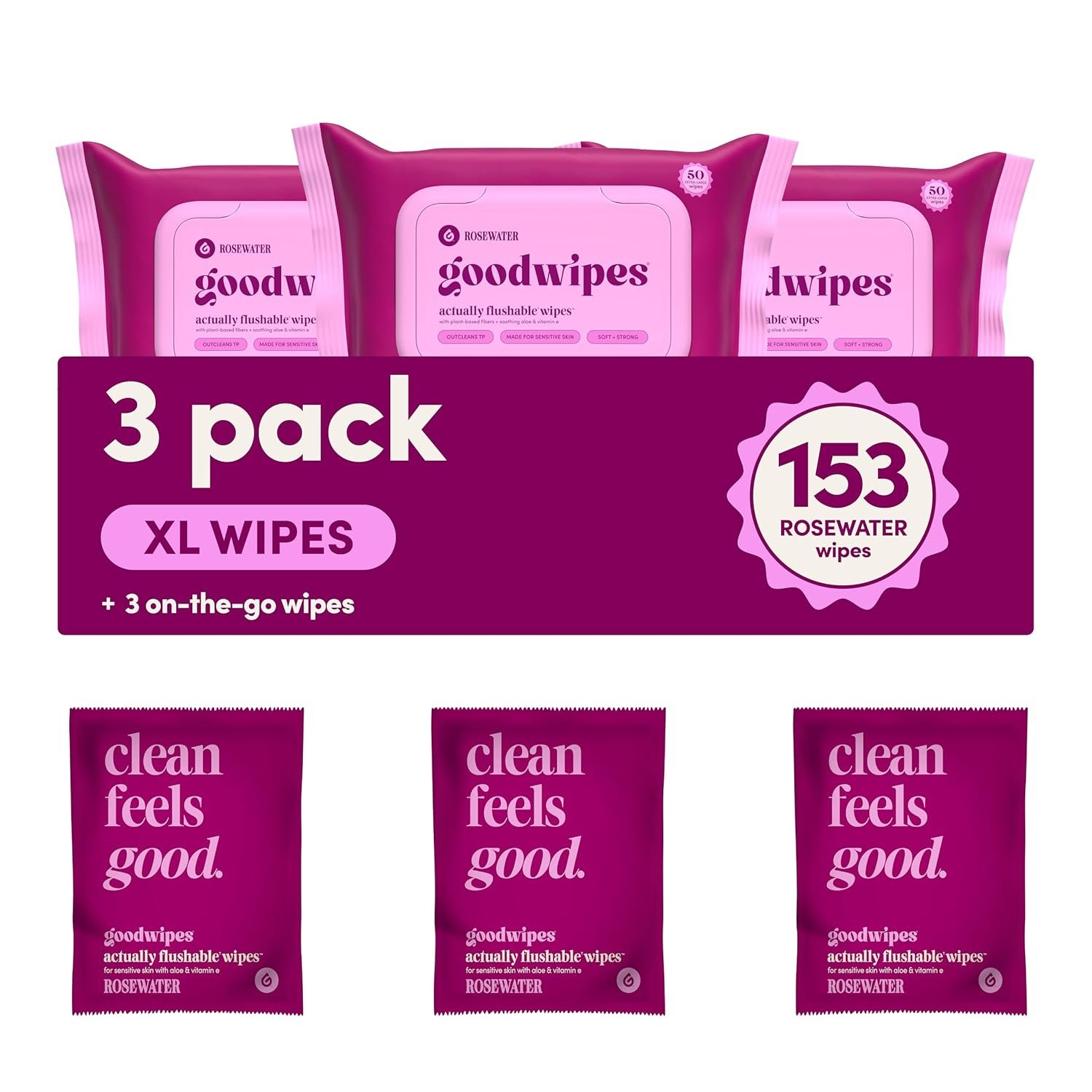 goodwipes Flushable Butt Wipes – Vitamin E & Aloe – Sewer & Septic Safe – Extra Large Adult Wet Wipes For Women & Men – Bathroom Essentials – Rosewater, 153 Count (3 Packs + 3 Individually Wrapped)