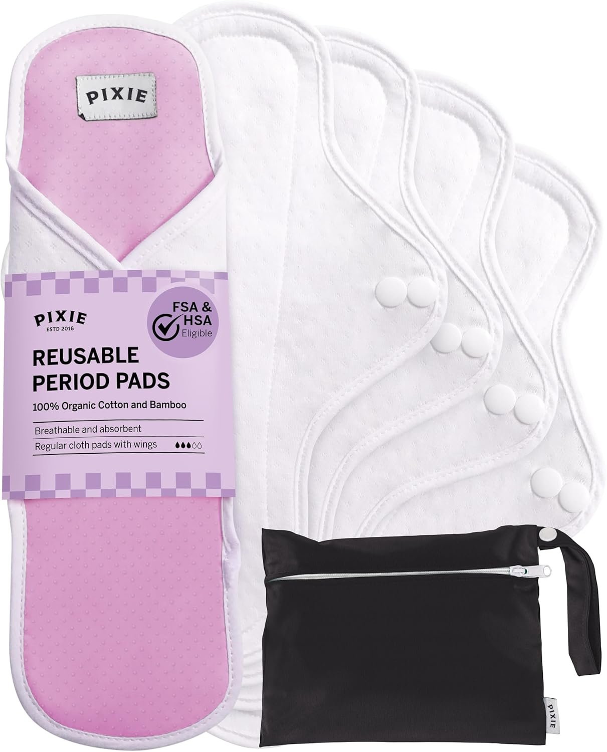 Pixie Organic Cotton Cloth Menstrual Pads – Reusable Regular Absorbency 5 Pack – Certified Organic Cotton Top Layer – Snap Wings for Secure Fit – Machine Washable – Wet Bag Included